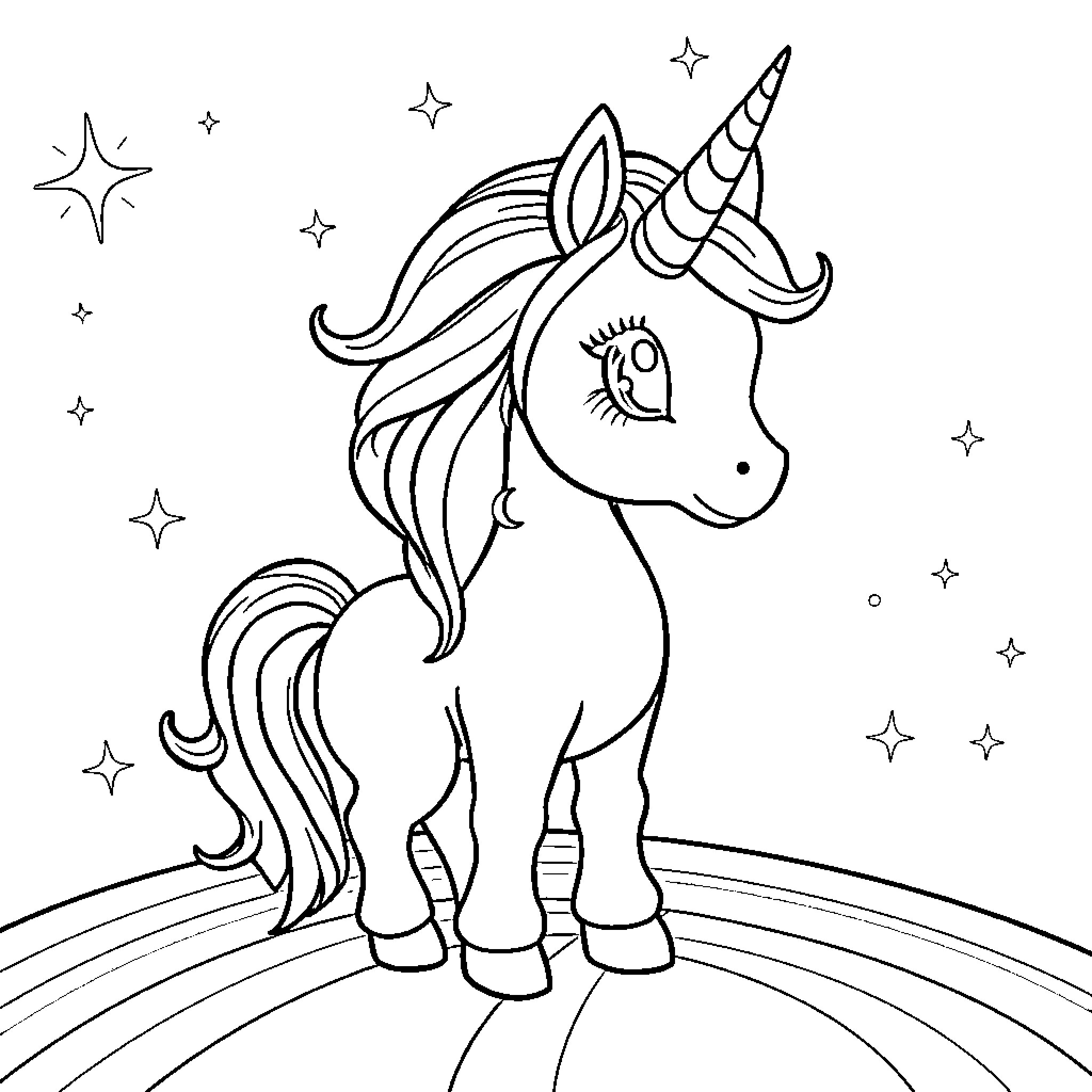 Unicorn standing amidst sparkling stars Coloring Page (free black-and-white line drawing printable PDF for all, from beginners to advanced learners, including children, teens, adults, and seniors)