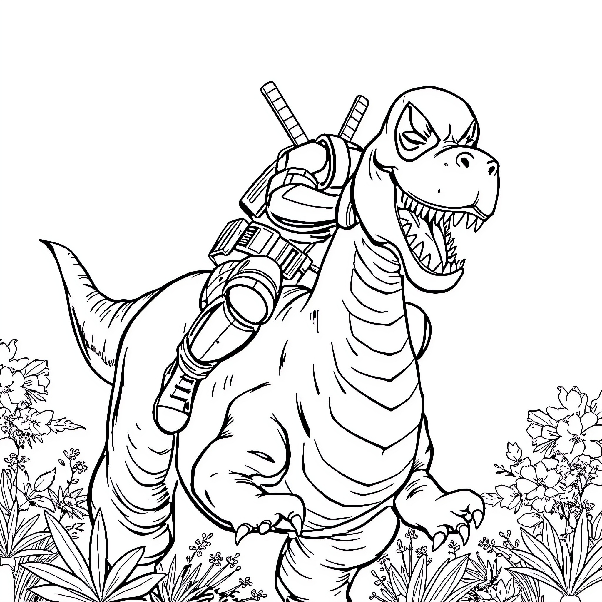 Deadpool riding a ferocious dinosaur in the jungle Coloring Page (free black-and-white line drawing printable PDF for all, from beginners to advanced learners, including children, teens, adults, and seniors)