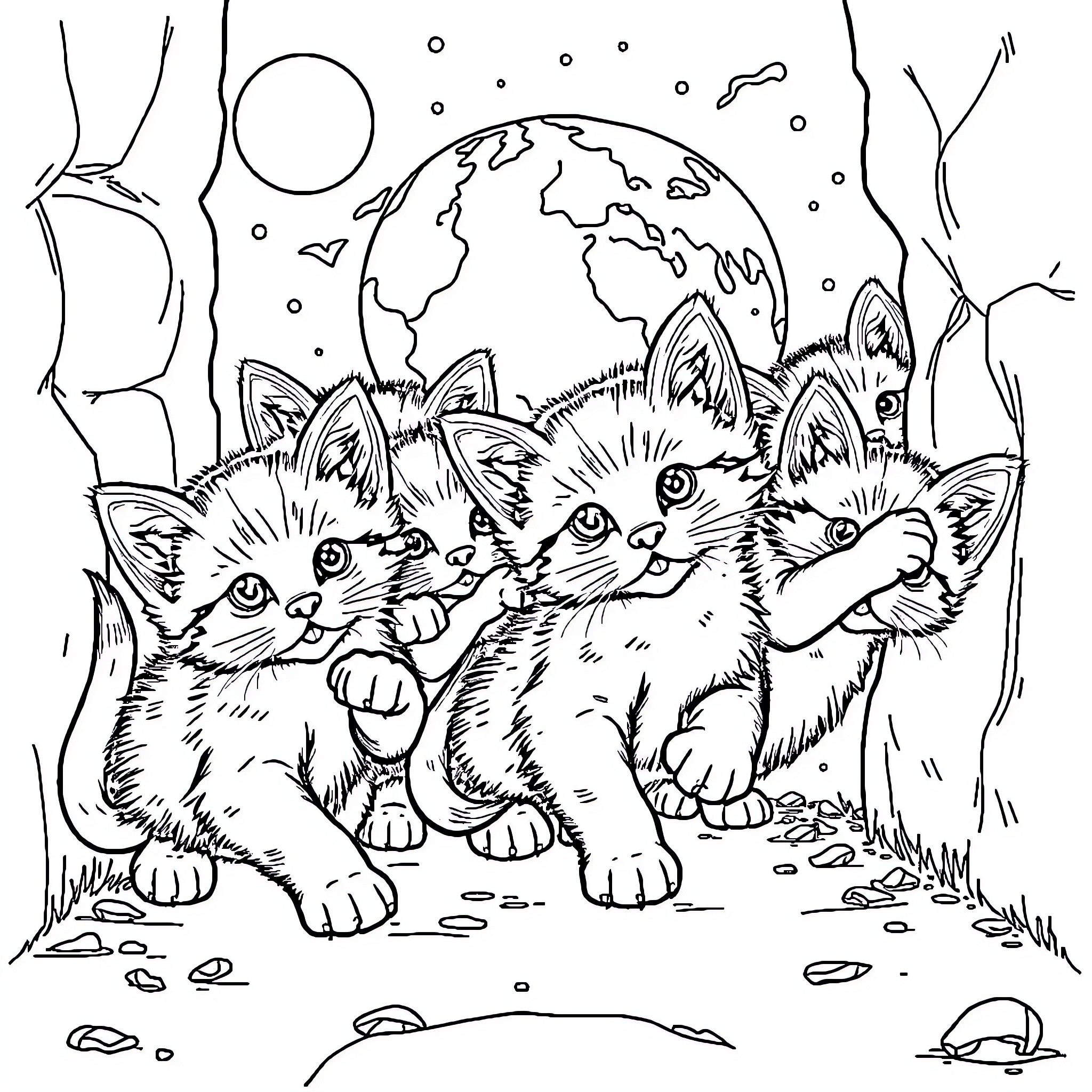 Kittens exploring the world together Coloring Page (free black-and-white line drawing printable PDF for all, from beginners to advanced learners, including children, teens, adults, and seniors)