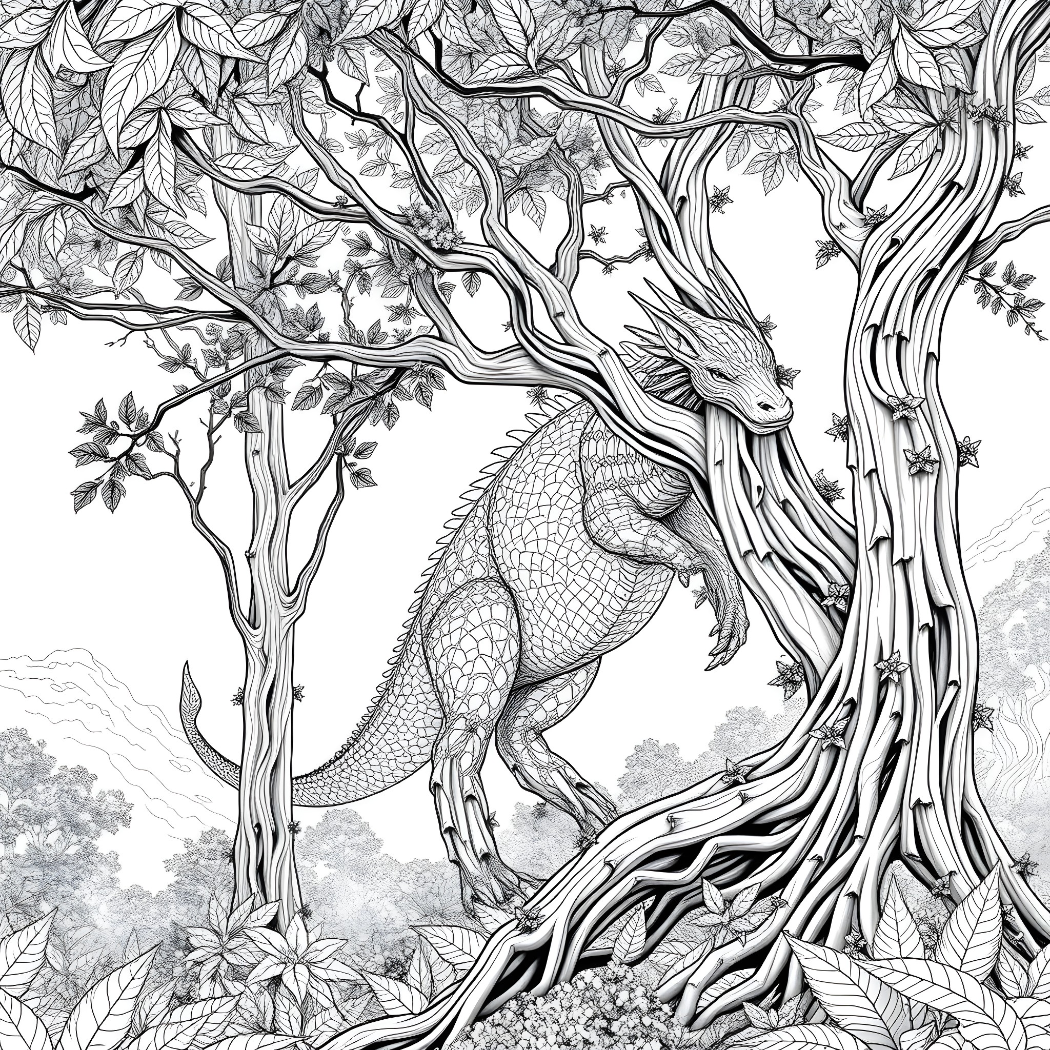 Uktena: Mythical Creature in the Enchanted Forest Coloring Page (free black-and-white line drawing printable PDF for all, from beginners to advanced learners, including children, teens, adults, and seniors)