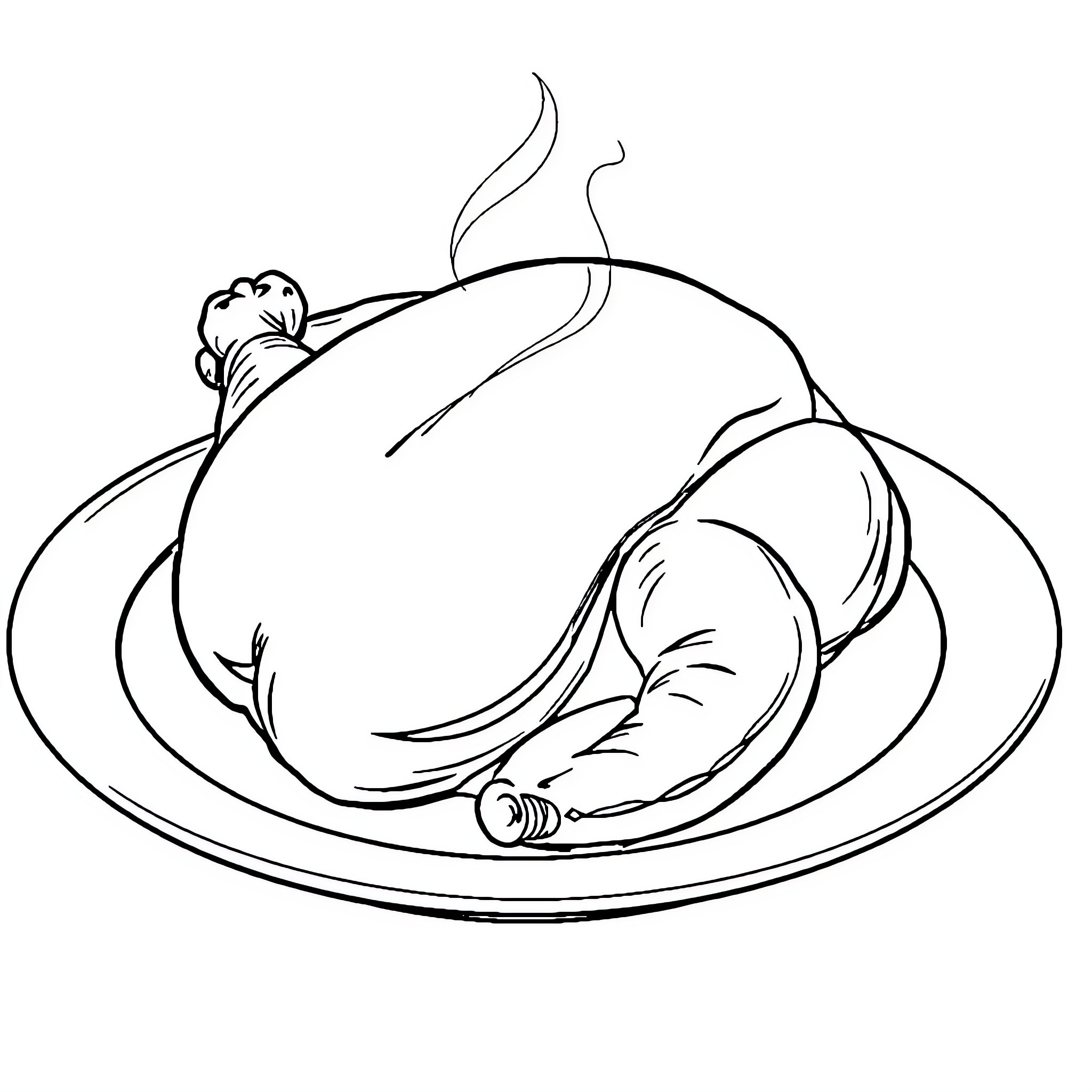 Chicken resting on a plate Coloring Page (free black-and-white line drawing printable PDF for all, from beginners to advanced learners, including children, teens, adults, and seniors)