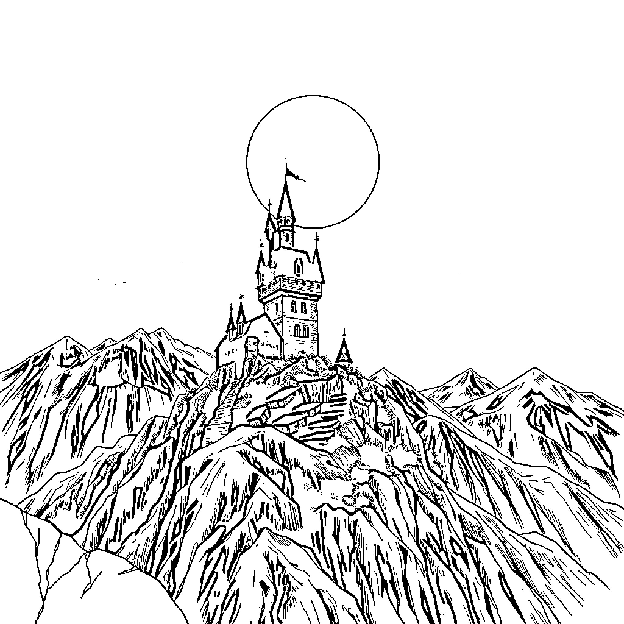 Castle amidst Majestic Mountains and Celestial Landscape Coloring Page (free black-and-white line drawing printable PDF for all, from beginners to advanced learners, including children, teens, adults, and seniors)