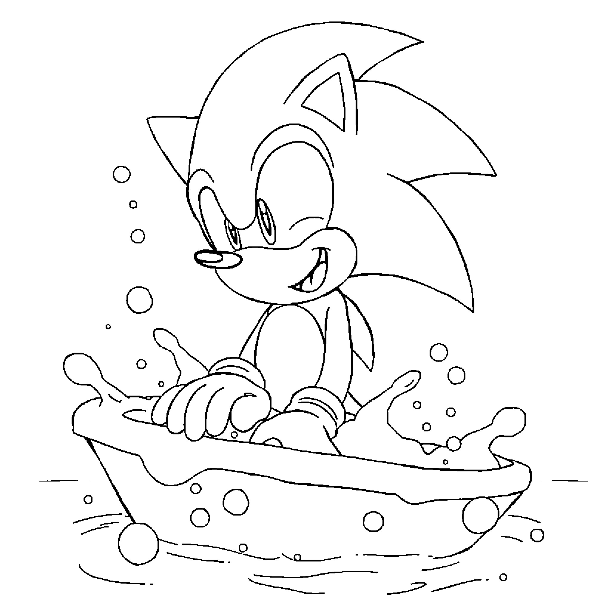 Sonic enjoying a relaxing bath with bubbles Coloring Page (free black-and-white line drawing printable PDF for all, from beginners to advanced learners, including children, teens, adults, and seniors)