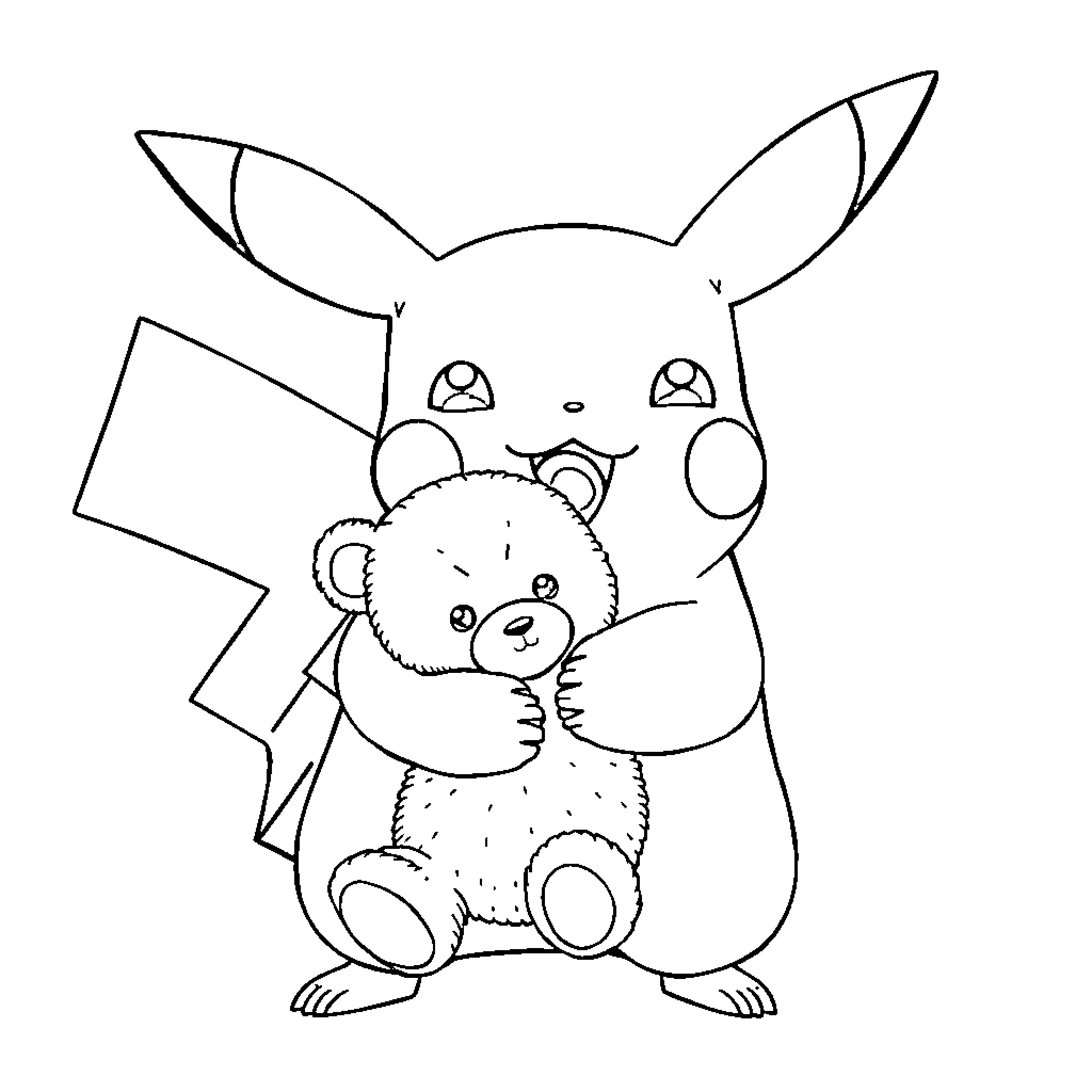 Pikachu hugging a plush Teddiursa toy Coloring Page (free black-and-white line drawing printable PDF for all, from beginners to advanced learners, including children, teens, adults, and seniors)