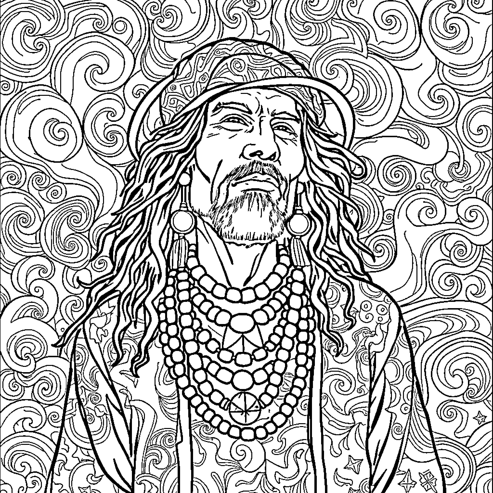 Hippie man in psychedelic illustration Coloring Page (free black-and-white line drawing printable PDF for all, from beginners to advanced learners, including children, teens, adults, and seniors)