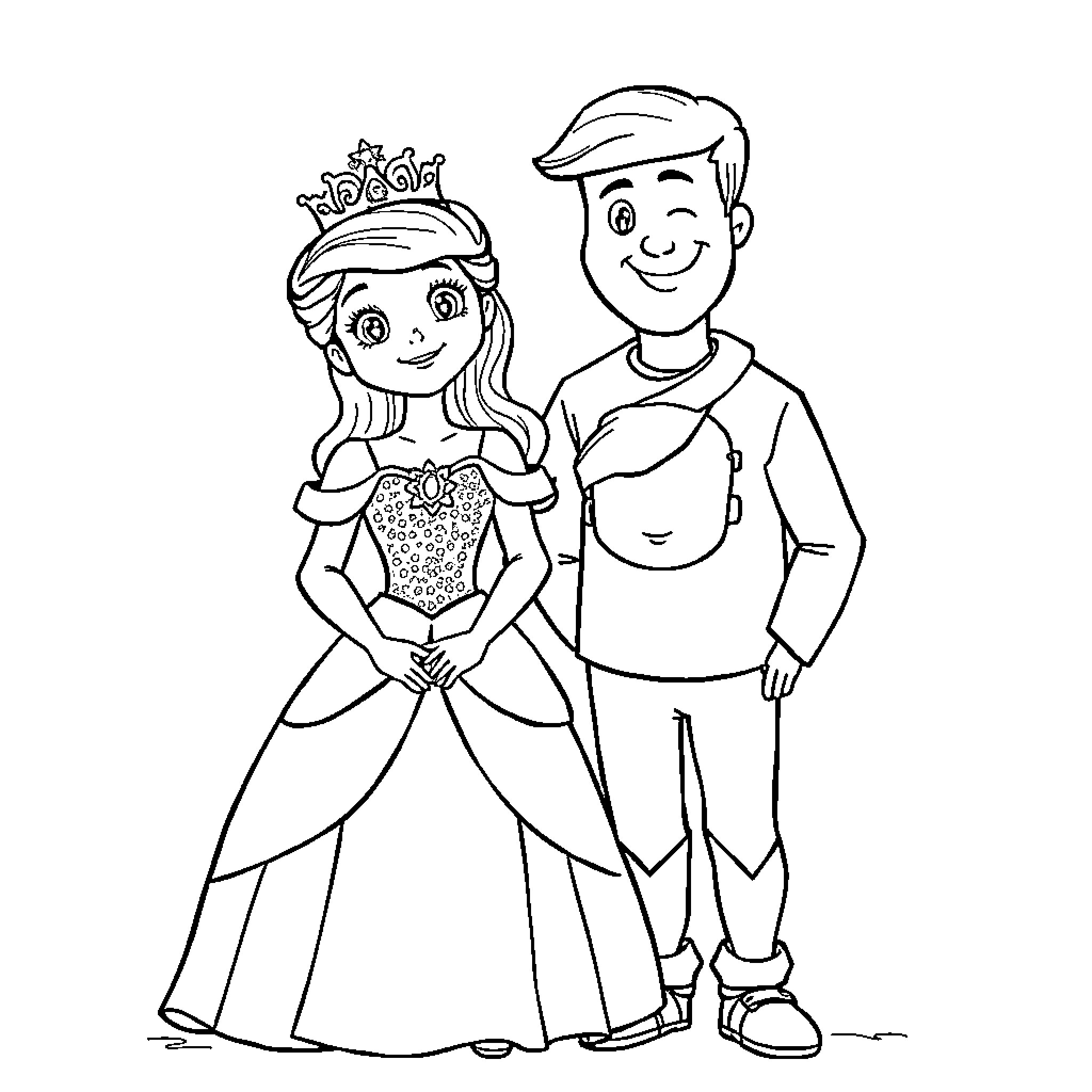 Princess and Prince in Formal Attire Coloring Page (free black-and-white line drawing printable PDF for all, from beginners to advanced learners, including children, teens, adults, and seniors)