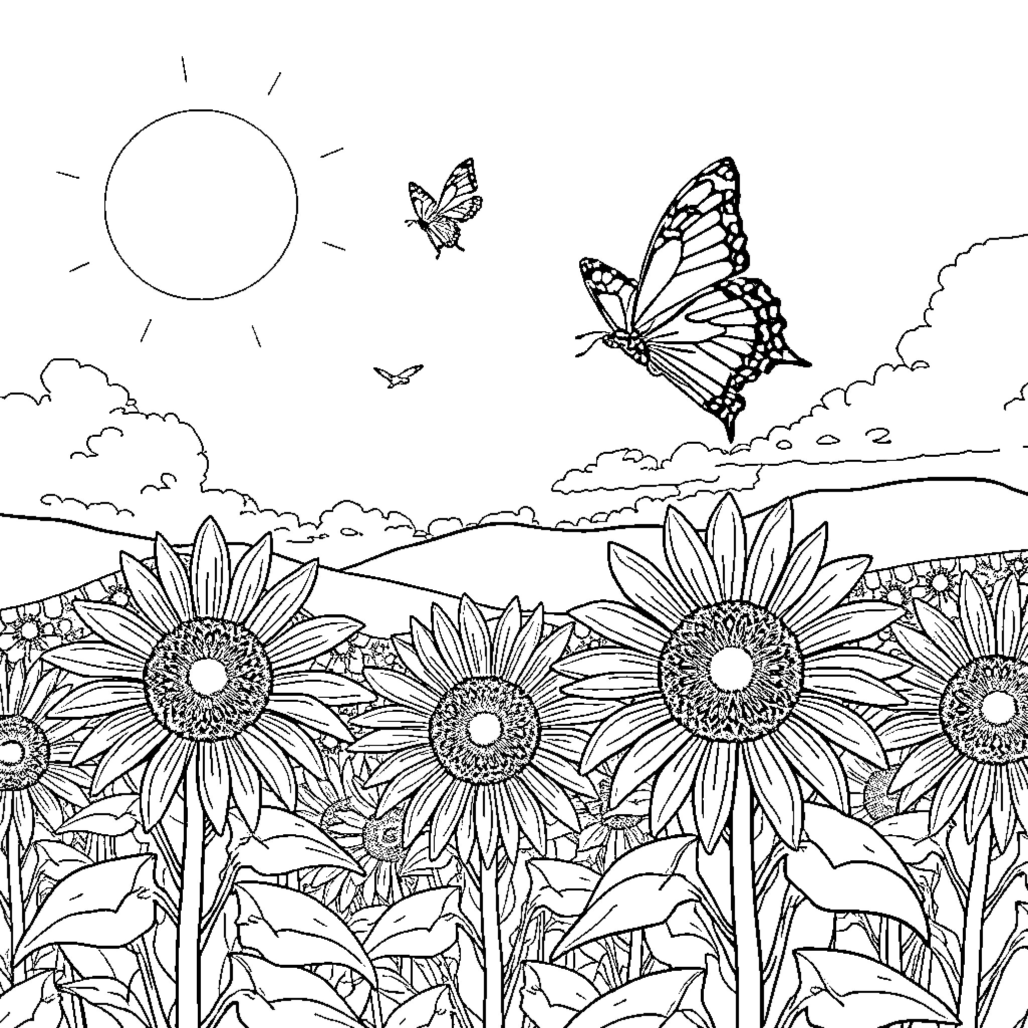 Sunflower field with butterflies in the sky Coloring Page (free black-and-white line drawing printable PDF for all, from beginners to advanced learners, including children, teens, adults, and seniors)
