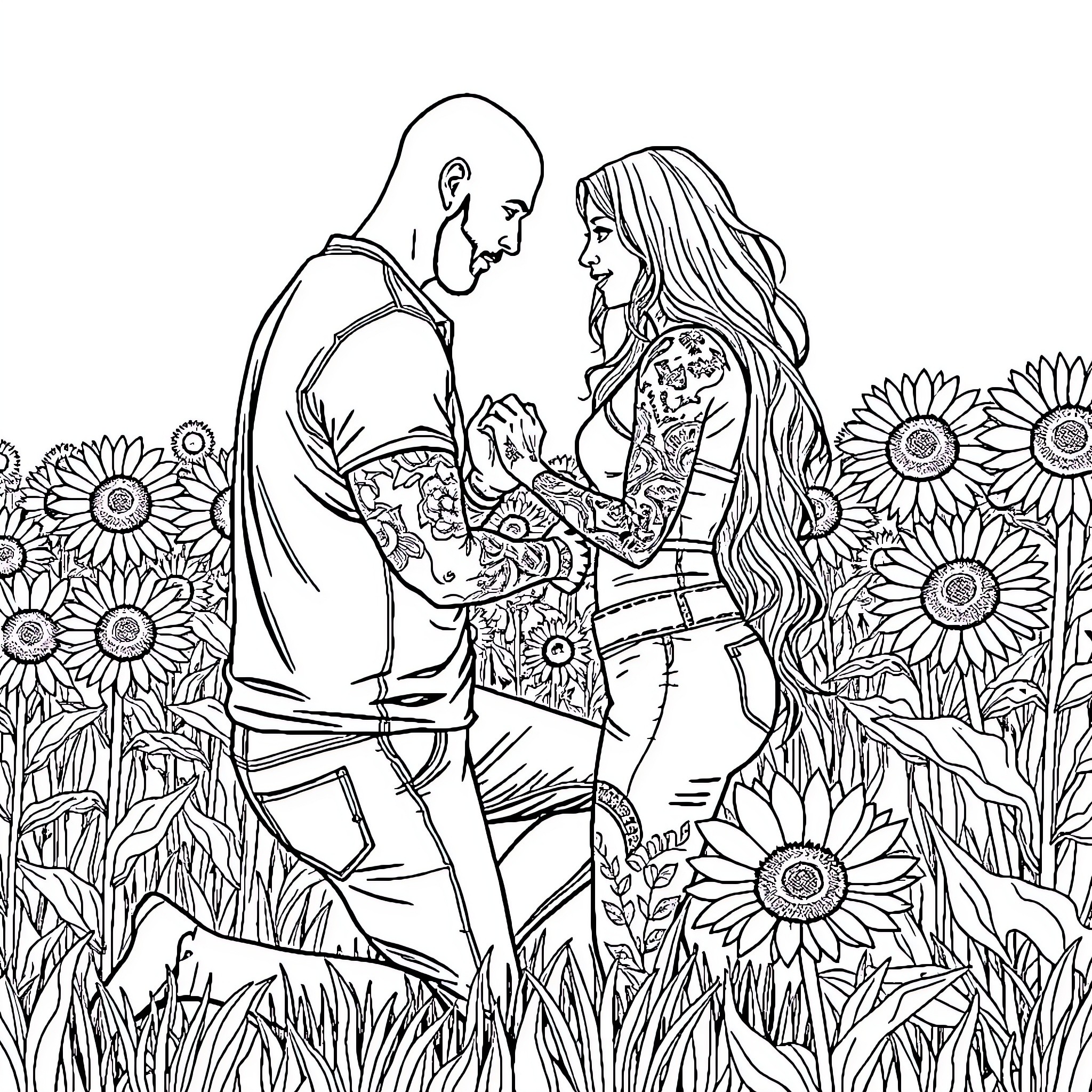 Proposal in a Sunflower Field Coloring Page (free black-and-white line drawing printable PDF for all, from beginners to advanced learners, including children, teens, adults, and seniors)