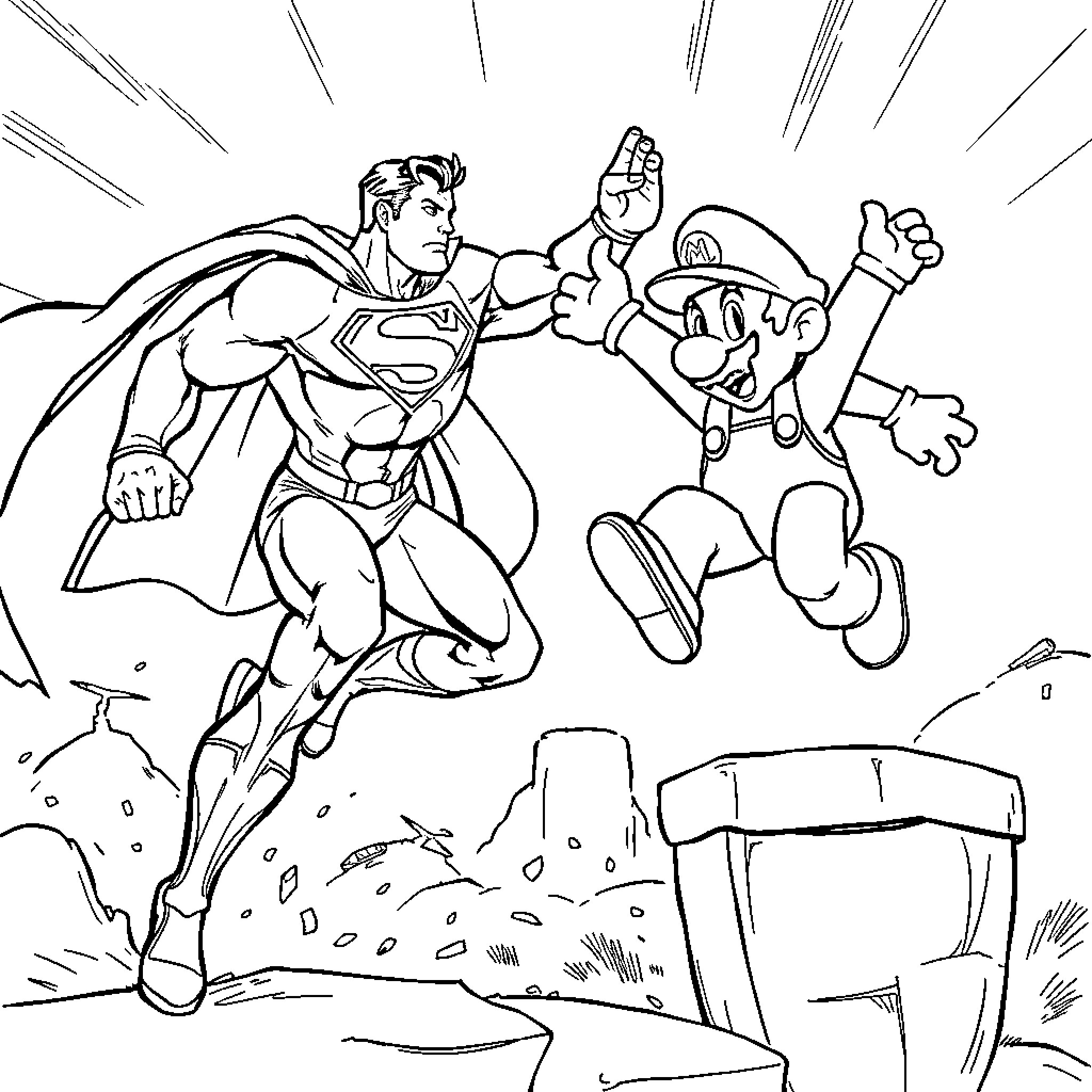 Superman battling a heroic plumber in an epic clash Coloring Page (free black-and-white line drawing printable PDF for all, from beginners to advanced learners, including children, teens, adults, and seniors)