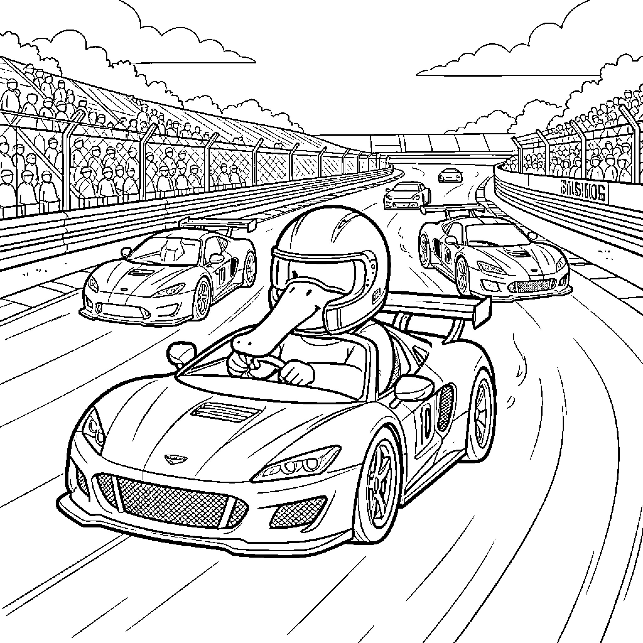 Platypus Race Cars Speed Down the Track Coloring Page (free black-and-white line drawing printable PDF for all, from beginners to advanced learners, including children, teens, adults, and seniors)