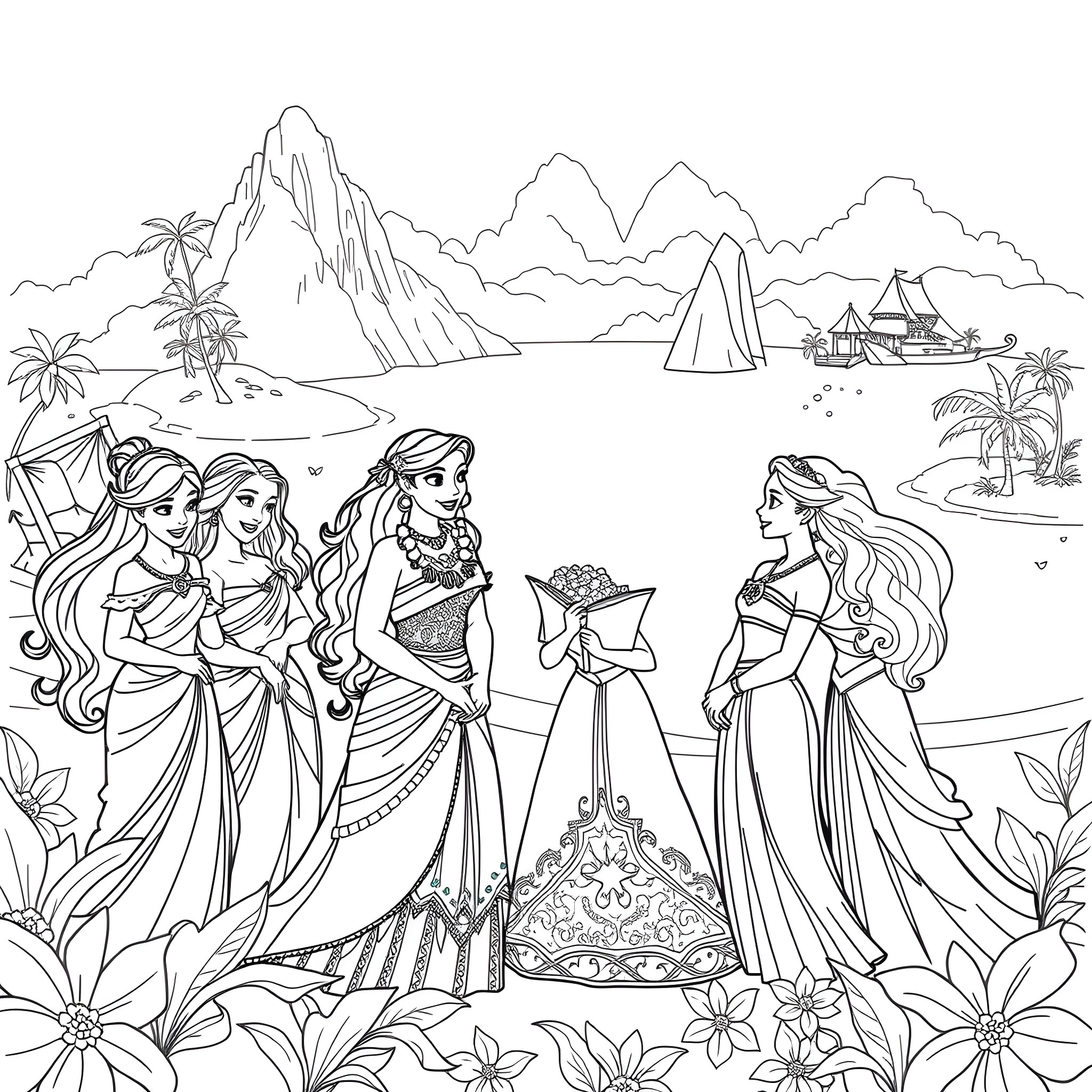 Princess Maidens Gather in Tropical Paradise Coloring Page (free black-and-white line drawing printable PDF for all, from beginners to advanced learners, including children, teens, adults, and seniors)