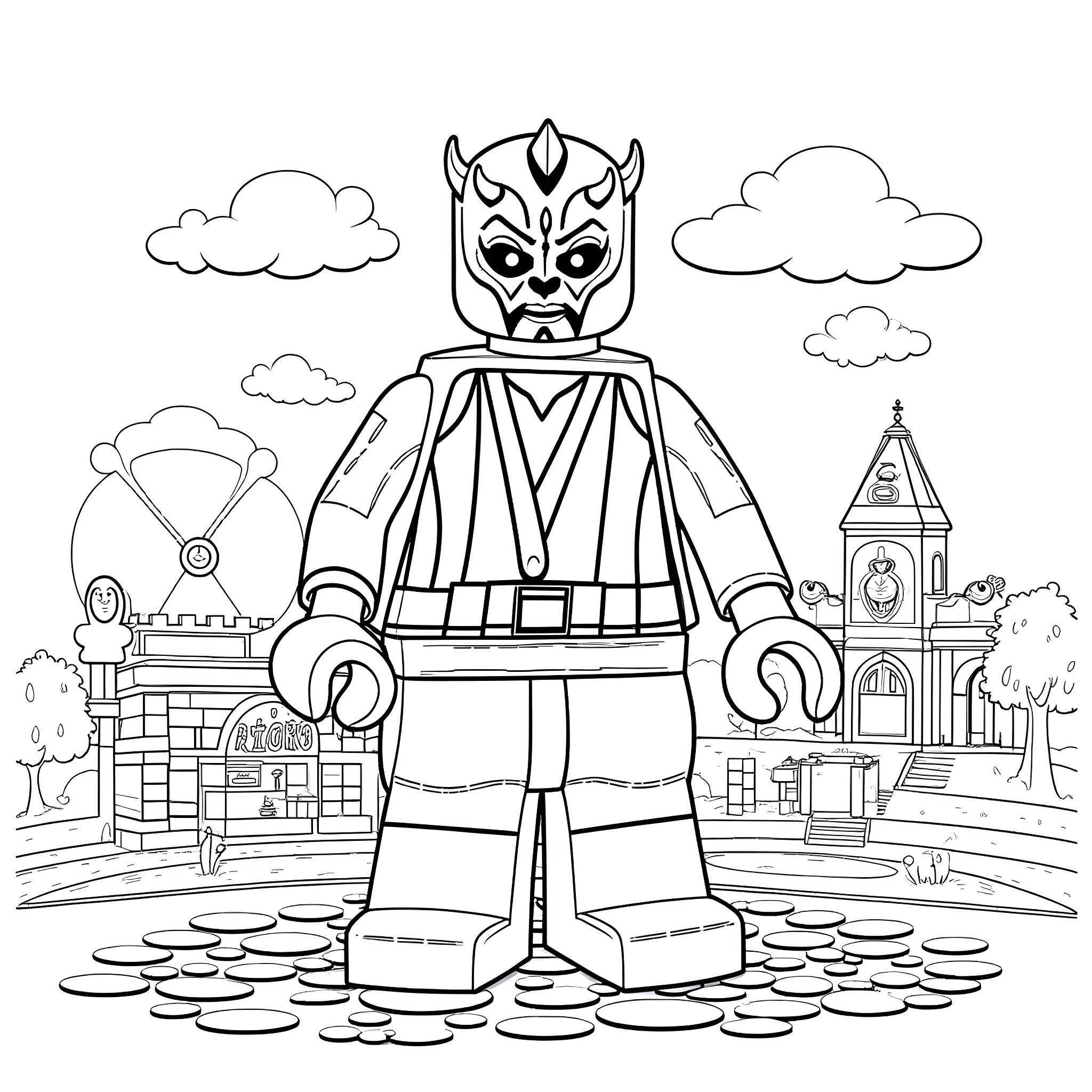 Darth Maul standing proudly in a fantastical scene Coloring Page (free black-and-white line drawing printable PDF for all, from beginners to advanced learners, including children, teens, adults, and seniors)