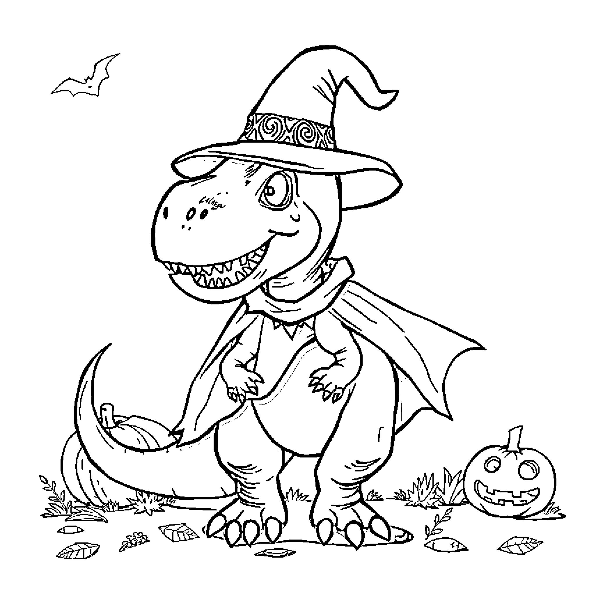Dinosaur in Halloween costume holding pumpkin Coloring Page (free black-and-white line drawing printable PDF for all, from beginners to advanced learners, including children, teens, adults, and seniors)