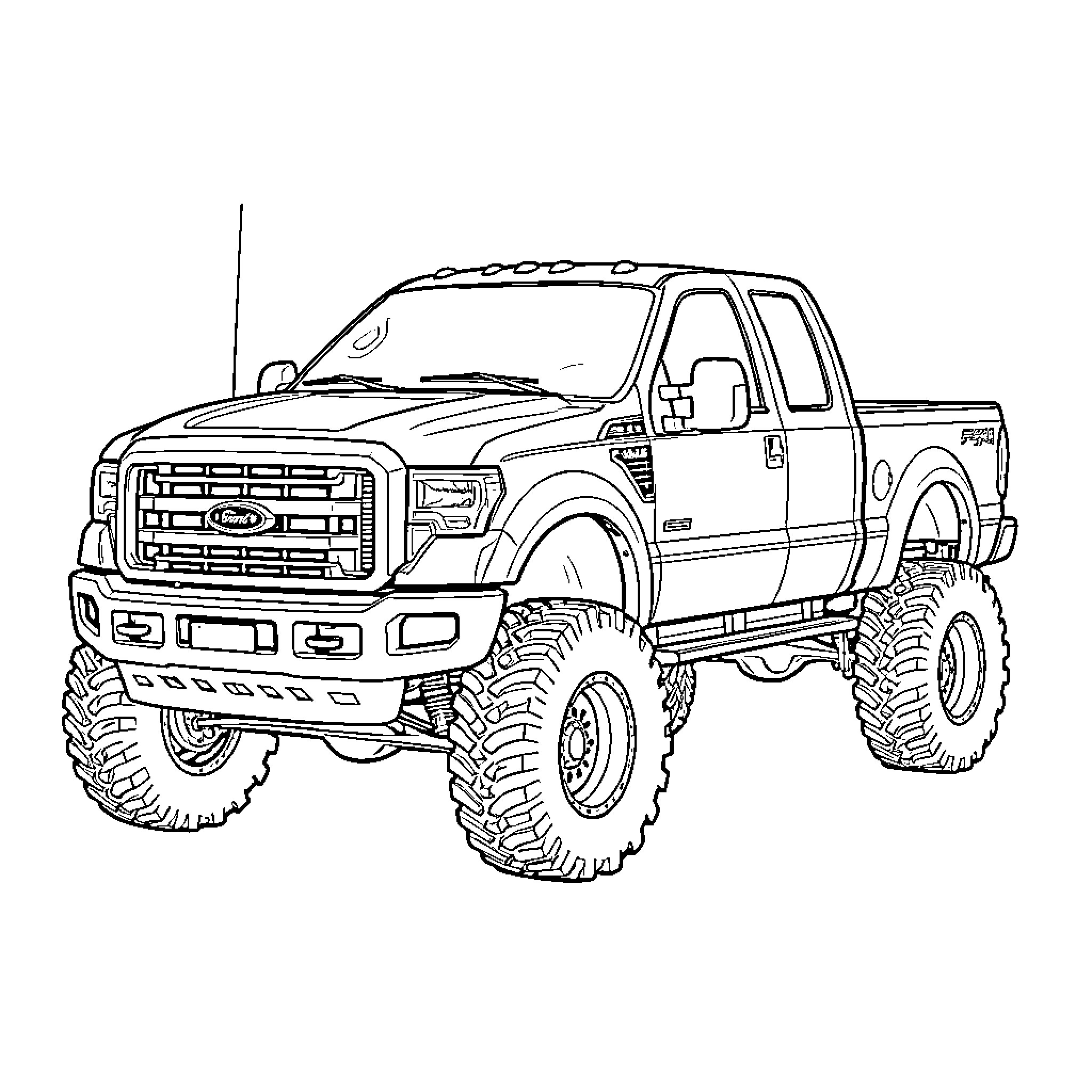 Ford F350 off-road truck with large wheels and customizations Coloring Page (free black-and-white line drawing printable PDF for all, from beginners to advanced learners, including children, teens, adults, and seniors)