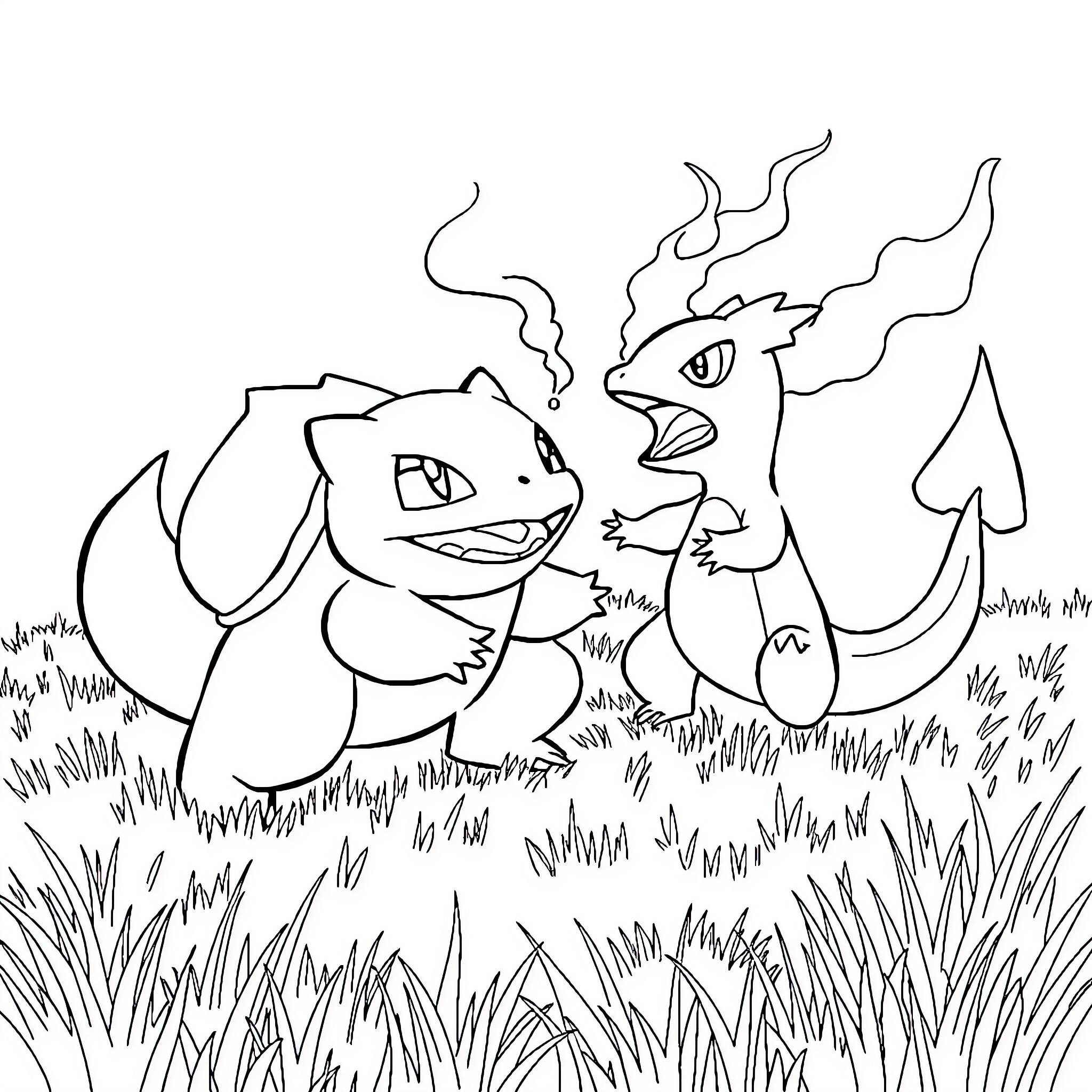 Bulbasaur enjoying a playful moment with Charmander Coloring Page (free black-and-white line drawing printable PDF for all, from beginners to advanced learners, including children, teens, adults, and seniors)
