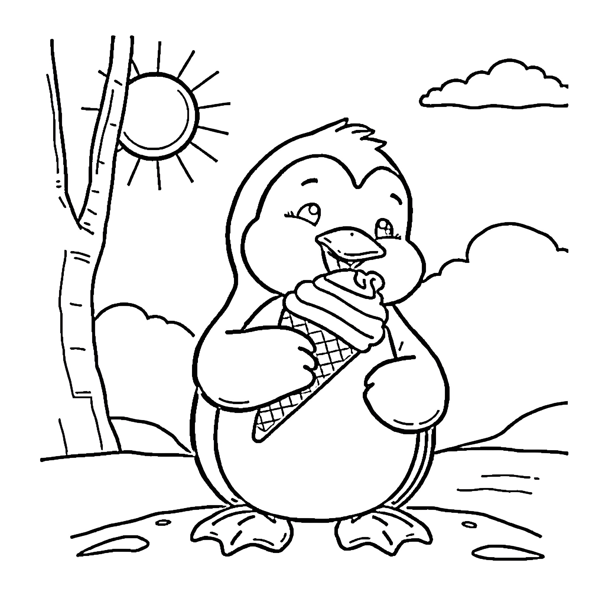 Penguin enjoying an ice cream cone in the sunshine Coloring Page (free black-and-white line drawing printable PDF for all, from beginners to advanced learners, including children, teens, adults, and seniors)