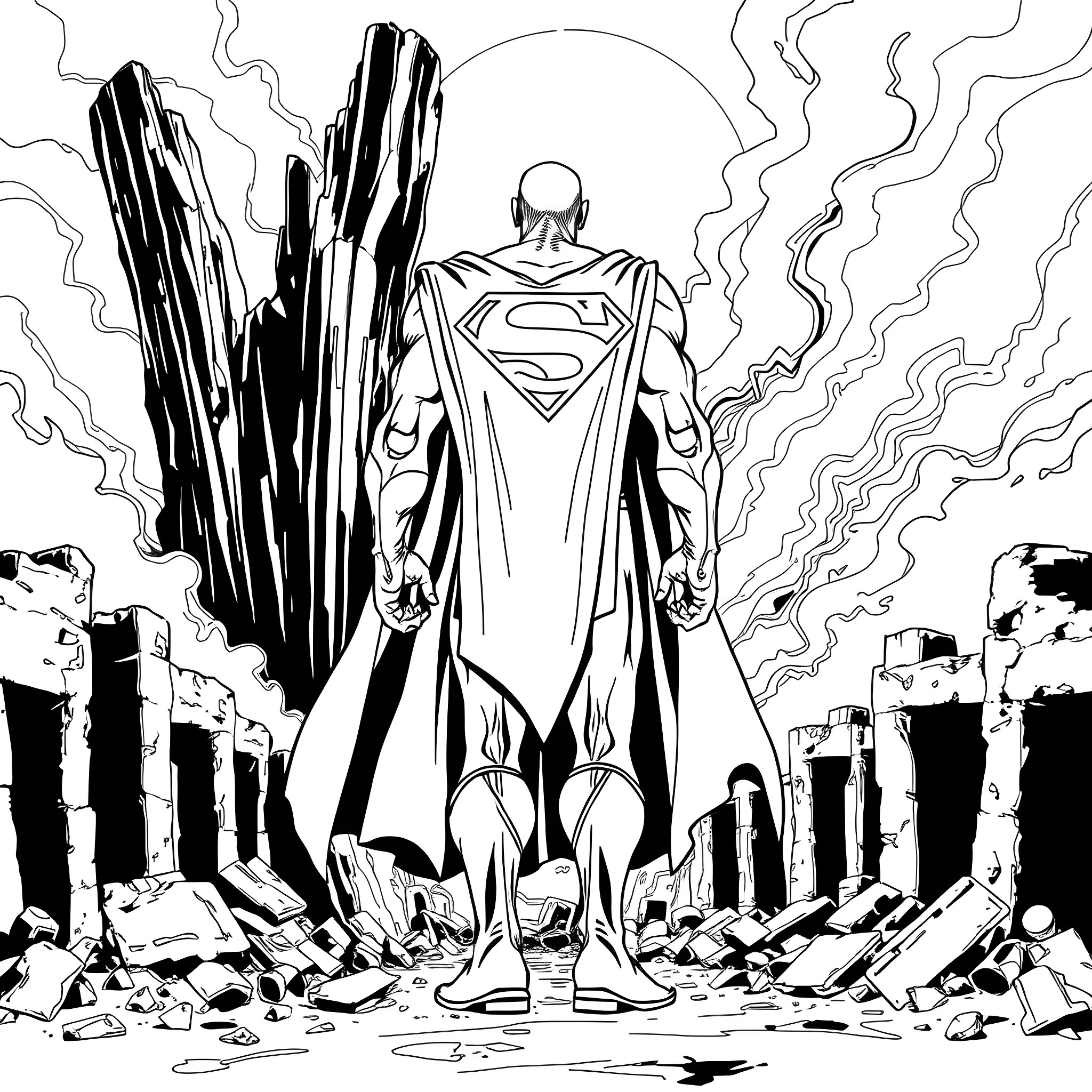Zombie Superman Rises from Rubble Coloring Page (free black-and-white line drawing printable PDF for all, from beginners to advanced learners, including children, teens, adults, and seniors)