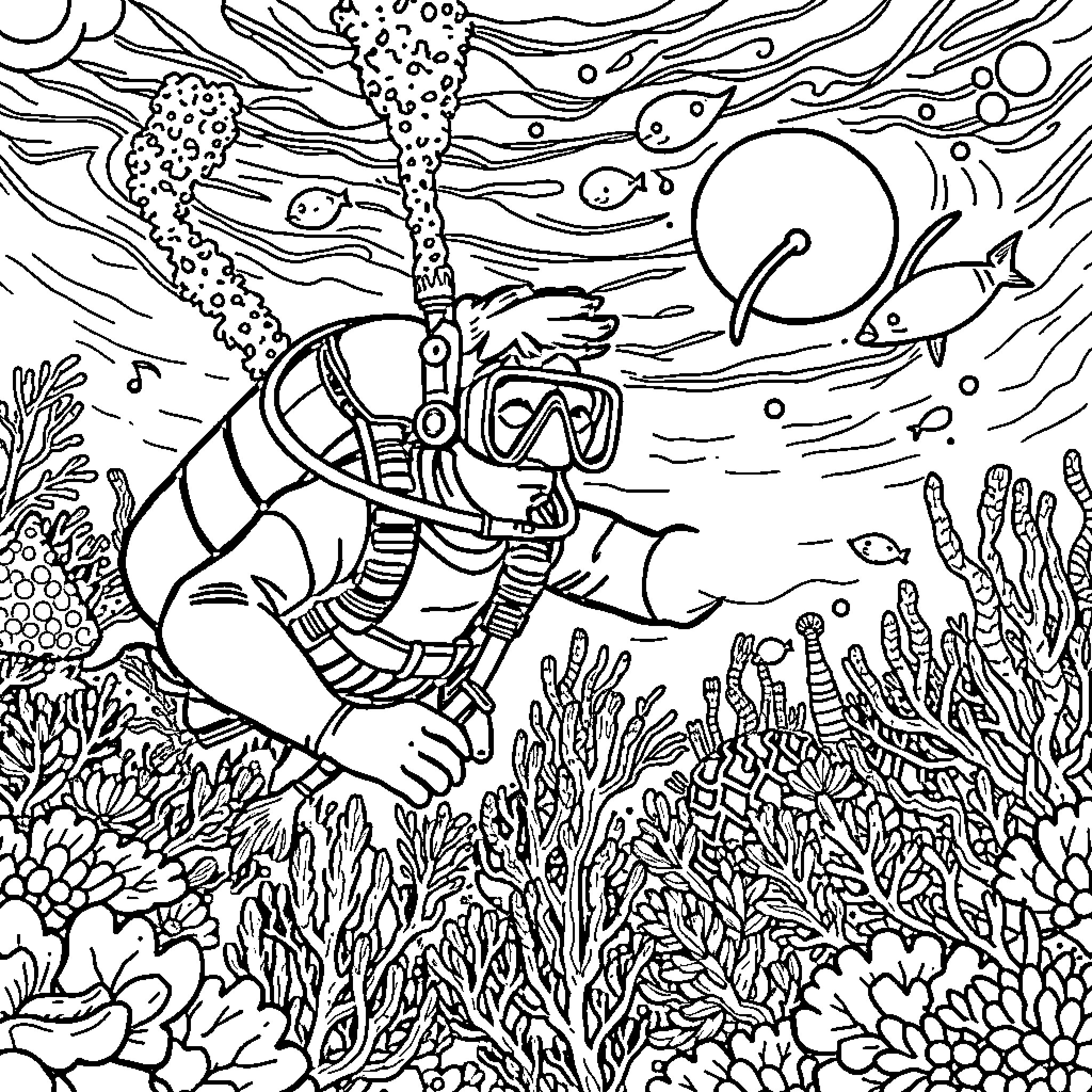 Diver exploring the colorful underwater world Coloring Page (free black-and-white line drawing printable PDF for all, from beginners to advanced learners, including children, teens, adults, and seniors)