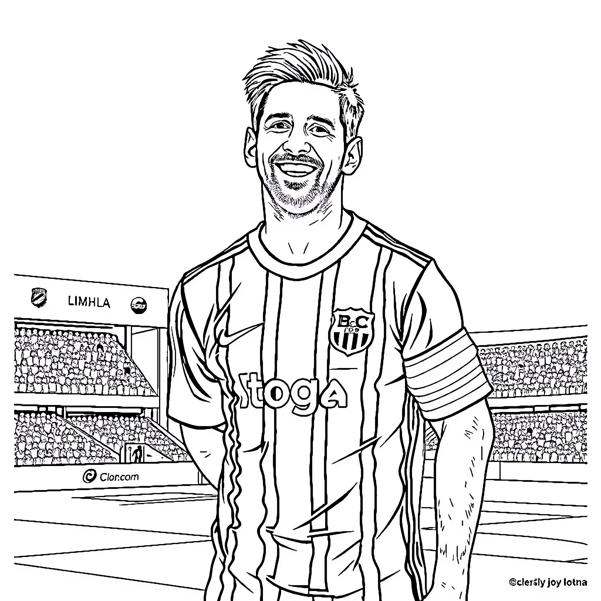 Messi smiling joyfully on the soccer field Coloring Page (free black-and-white line drawing printable PDF for all, from beginners to advanced learners, including children, teens, adults, and seniors)
