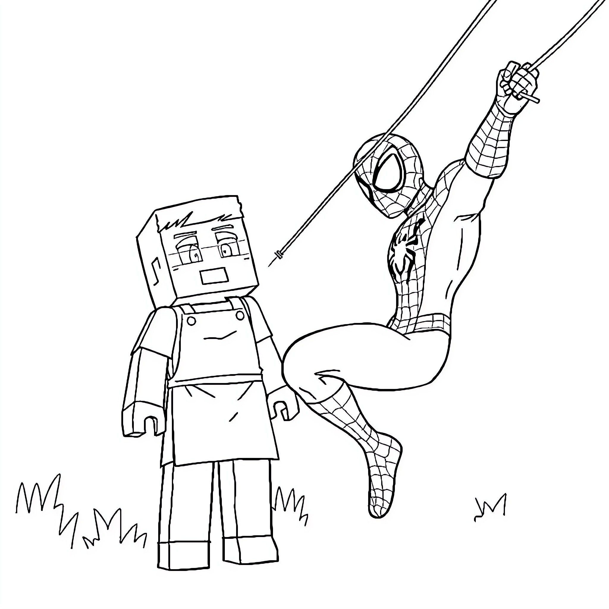 Spiderman scaling a building with a robot companion Coloring Page (free black-and-white line drawing printable PDF for all, from beginners to advanced learners, including children, teens, adults, and seniors)