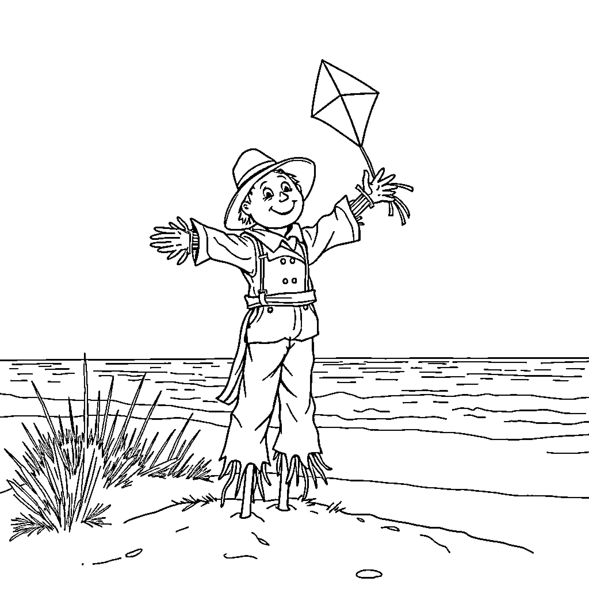 Scarecrow flying a kite by the shore Coloring Page (free black-and-white line drawing printable PDF for all, from beginners to advanced learners, including children, teens, adults, and seniors)