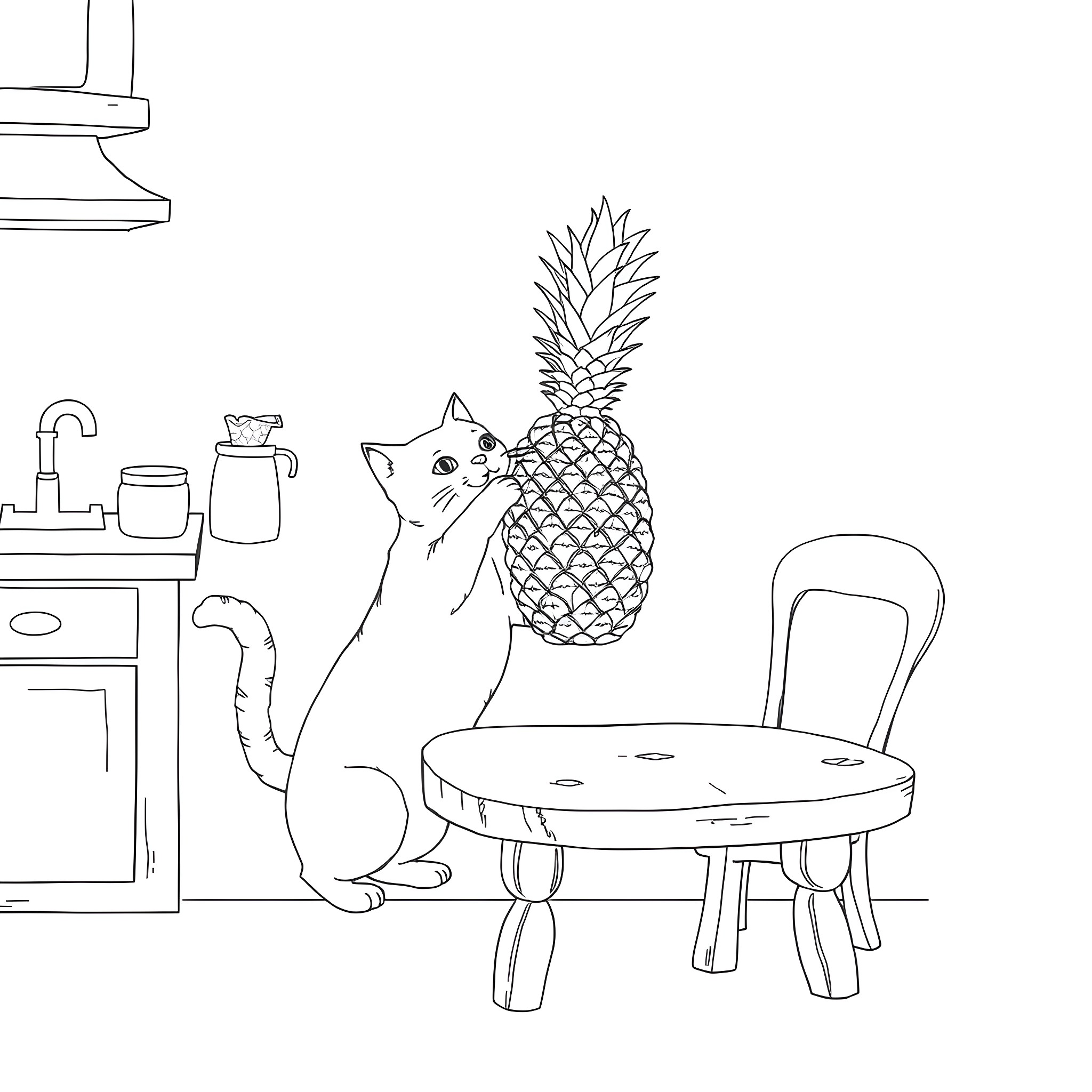 Cat playing with pineapple in the kitchen Coloring Page (free black-and-white line drawing printable PDF for all, from beginners to advanced learners, including children, teens, adults, and seniors)