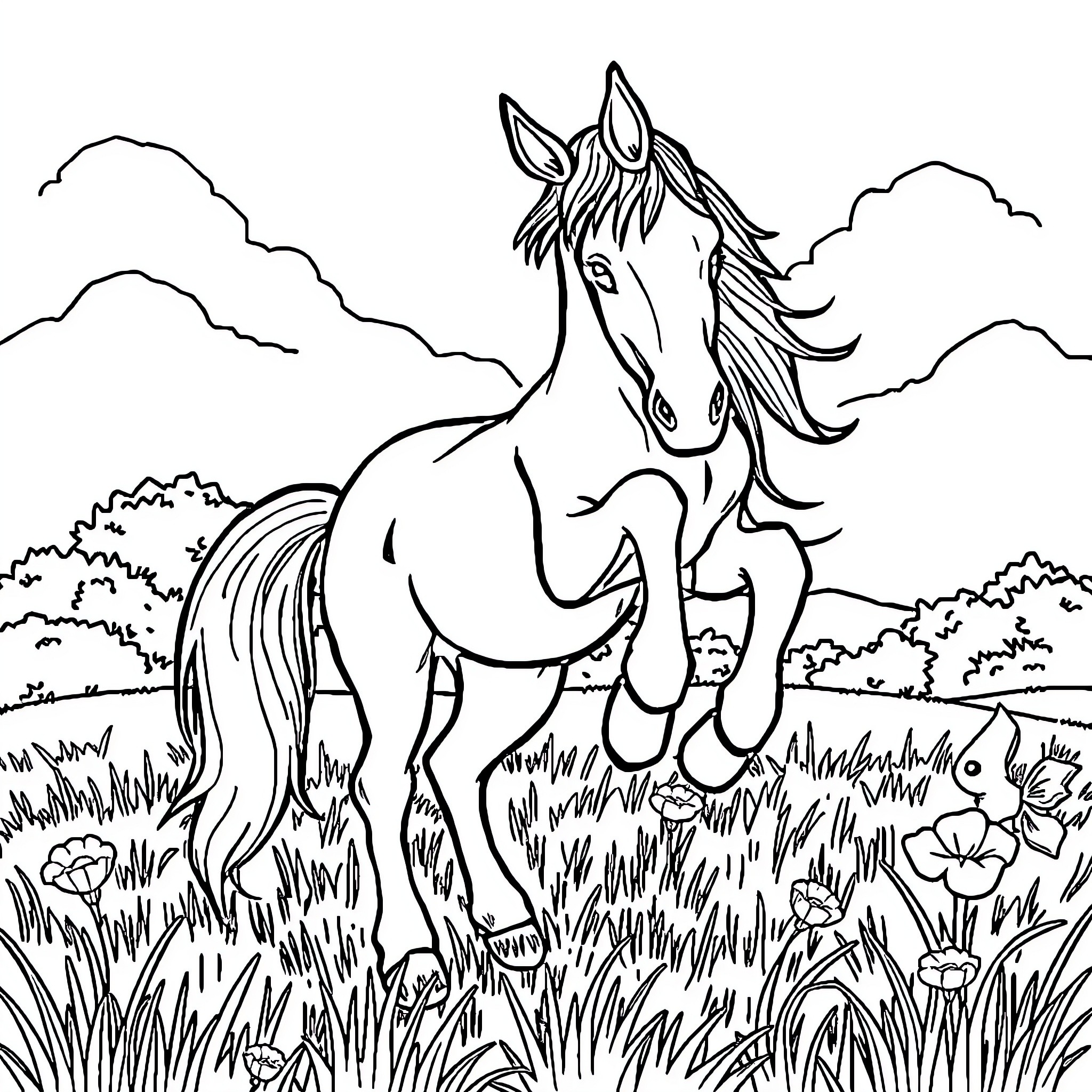 Caballo running through a flowery meadow Coloring Page (free black-and-white line drawing printable PDF for all, from beginners to advanced learners, including children, teens, adults, and seniors)