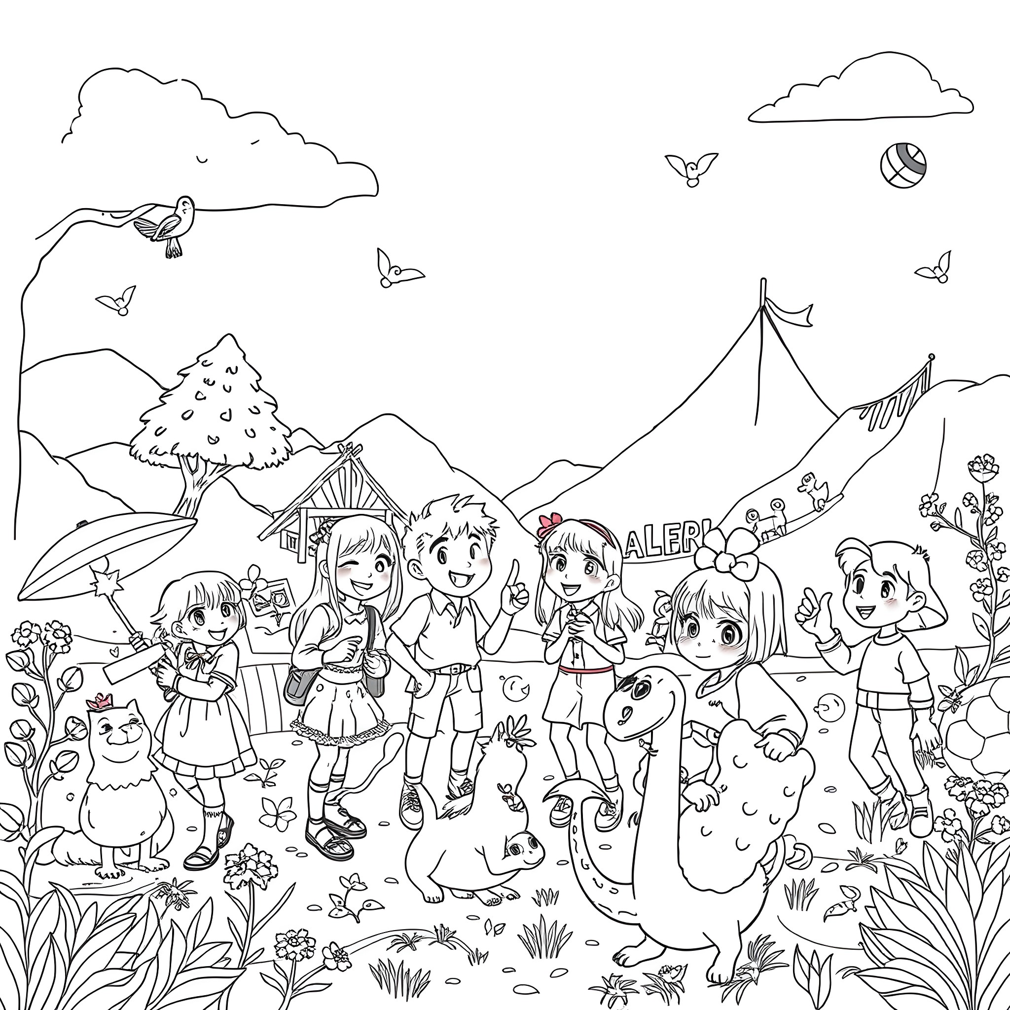 Radiant adventures of friends in the wilderness Coloring Page (free black-and-white line drawing printable PDF for all, from beginners to advanced learners, including children, teens, adults, and seniors)