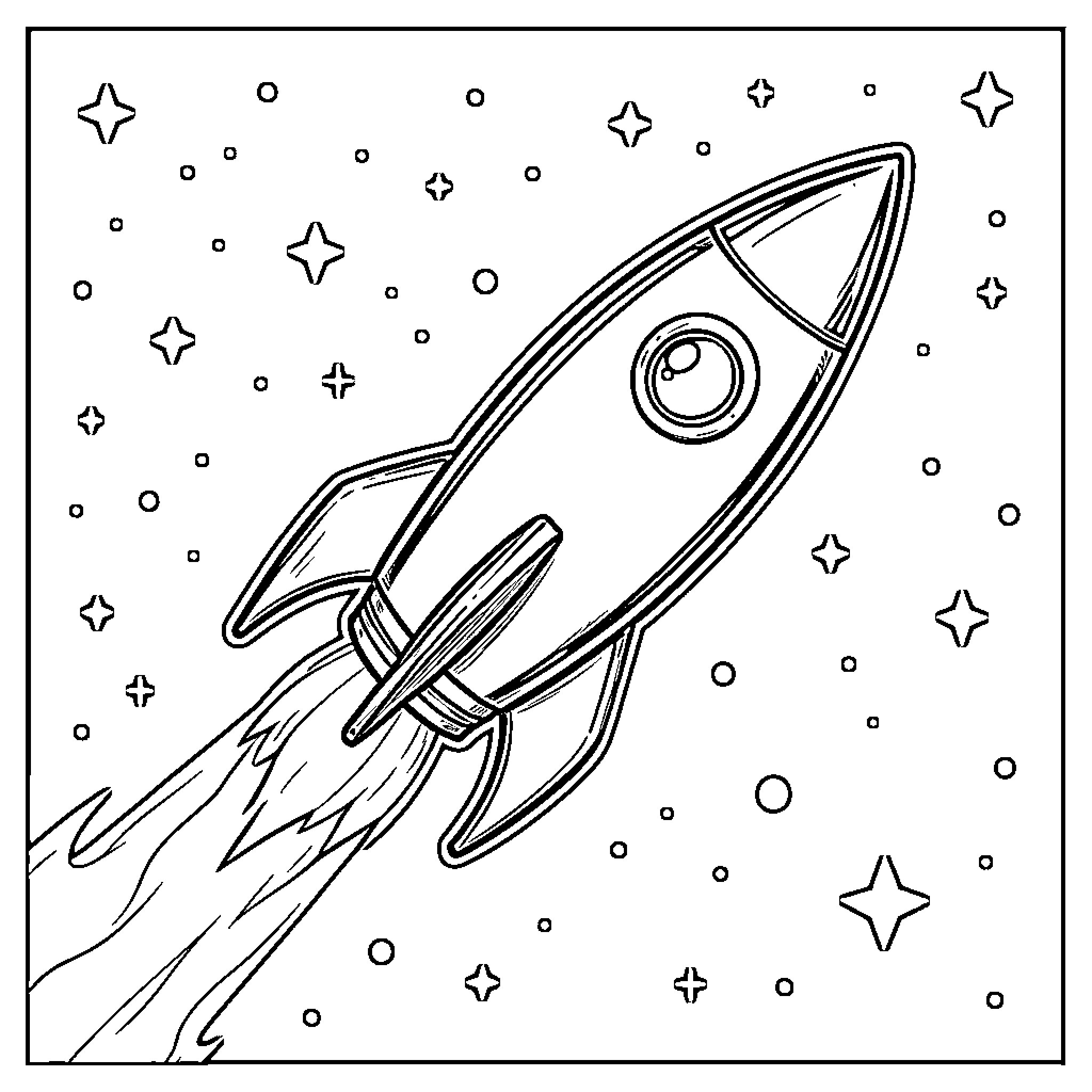 Rocket soaring through a starry night sky Coloring Page (free black-and-white line drawing printable PDF for all, from beginners to advanced learners, including children, teens, adults, and seniors)