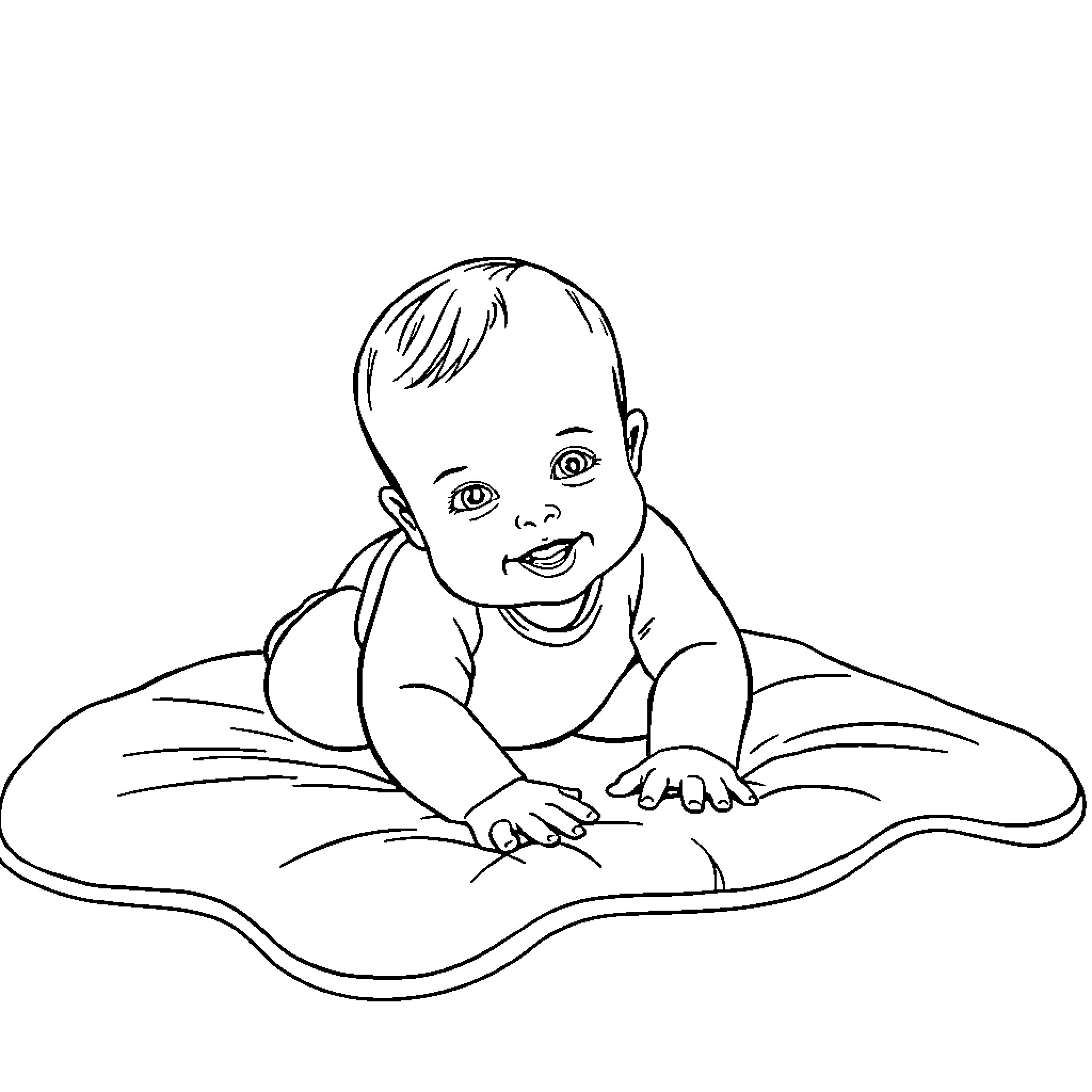 Baby happily playing on a soft blanket Coloring Page (free black-and-white line drawing printable PDF for all, from beginners to advanced learners, including children, teens, adults, and seniors)