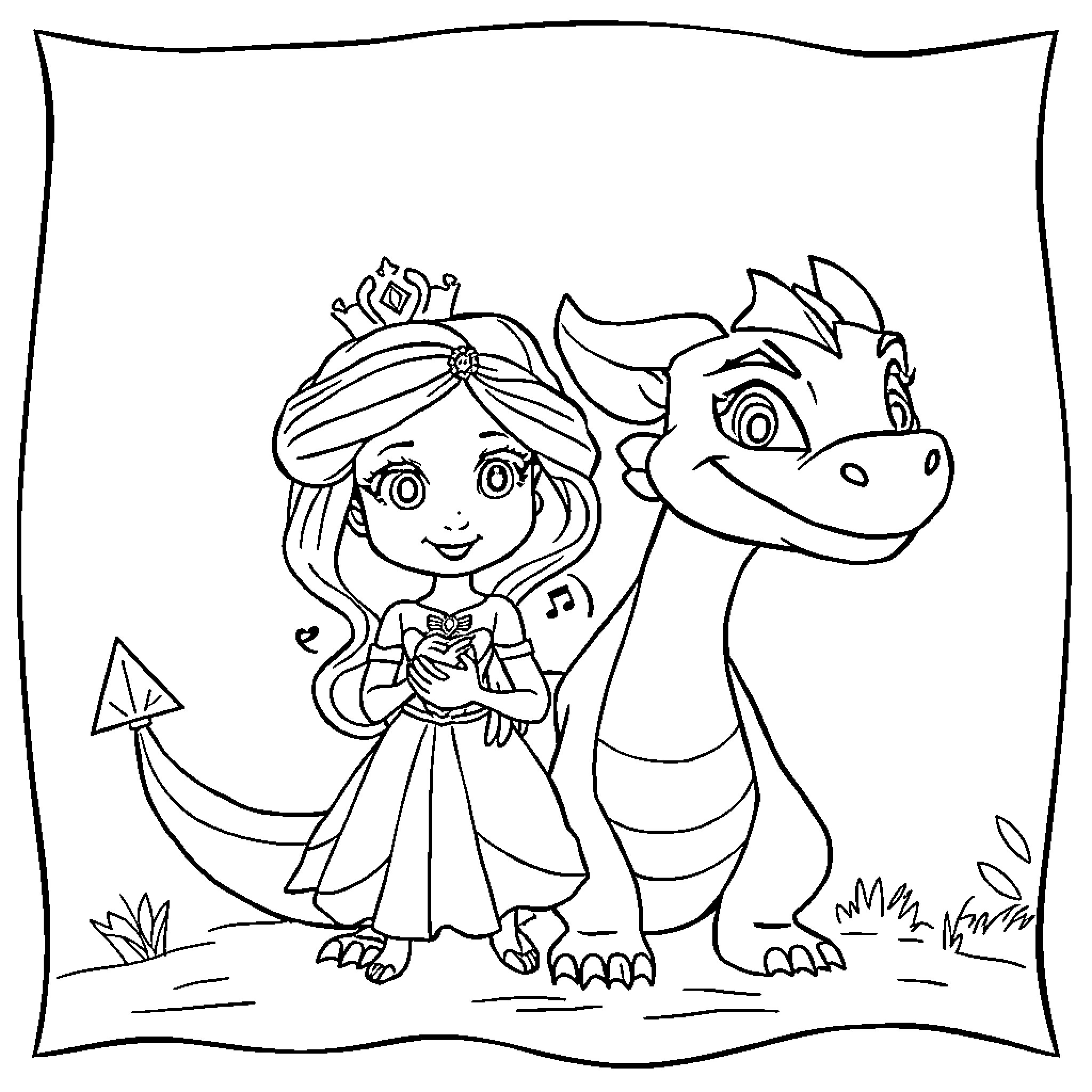 Princess and her dragon companion Coloring Page (free black-and-white line drawing printable PDF for all, from beginners to advanced learners, including children, teens, adults, and seniors)