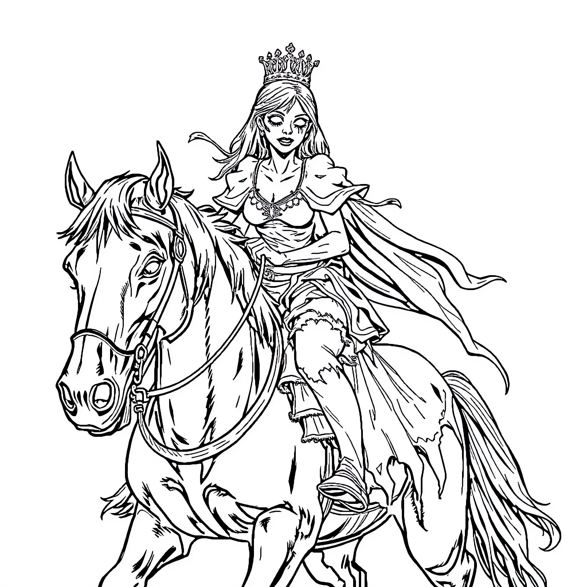 Zombie Princess Riding Majestic Horse in Flowing Gown Coloring Page (free black-and-white line drawing printable PDF for all, from beginners to advanced learners, including children, teens, adults, and seniors)