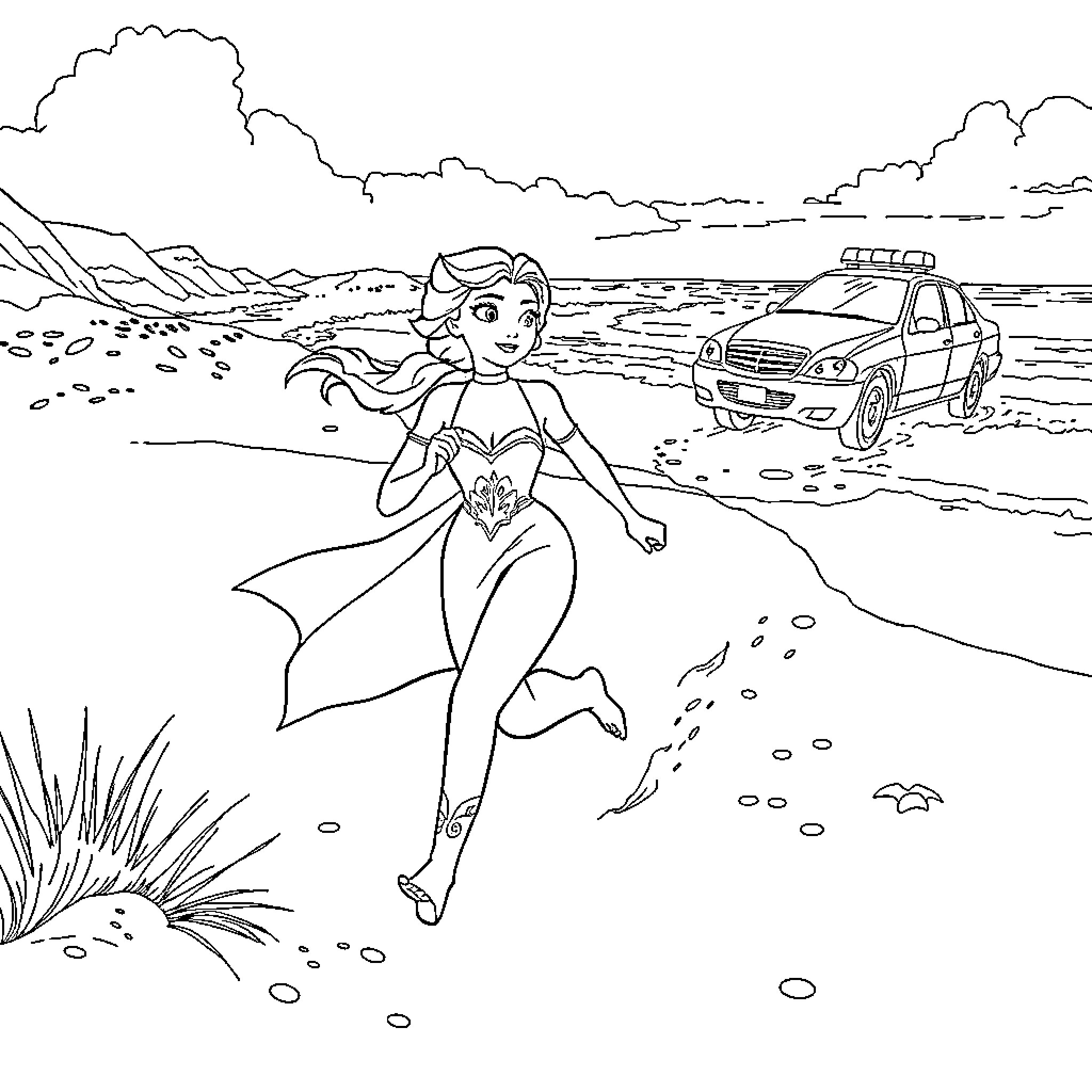 Elsa's Beach Adventure with Police Car Coloring Page (free black-and-white line drawing printable PDF for all, from beginners to advanced learners, including children, teens, adults, and seniors)