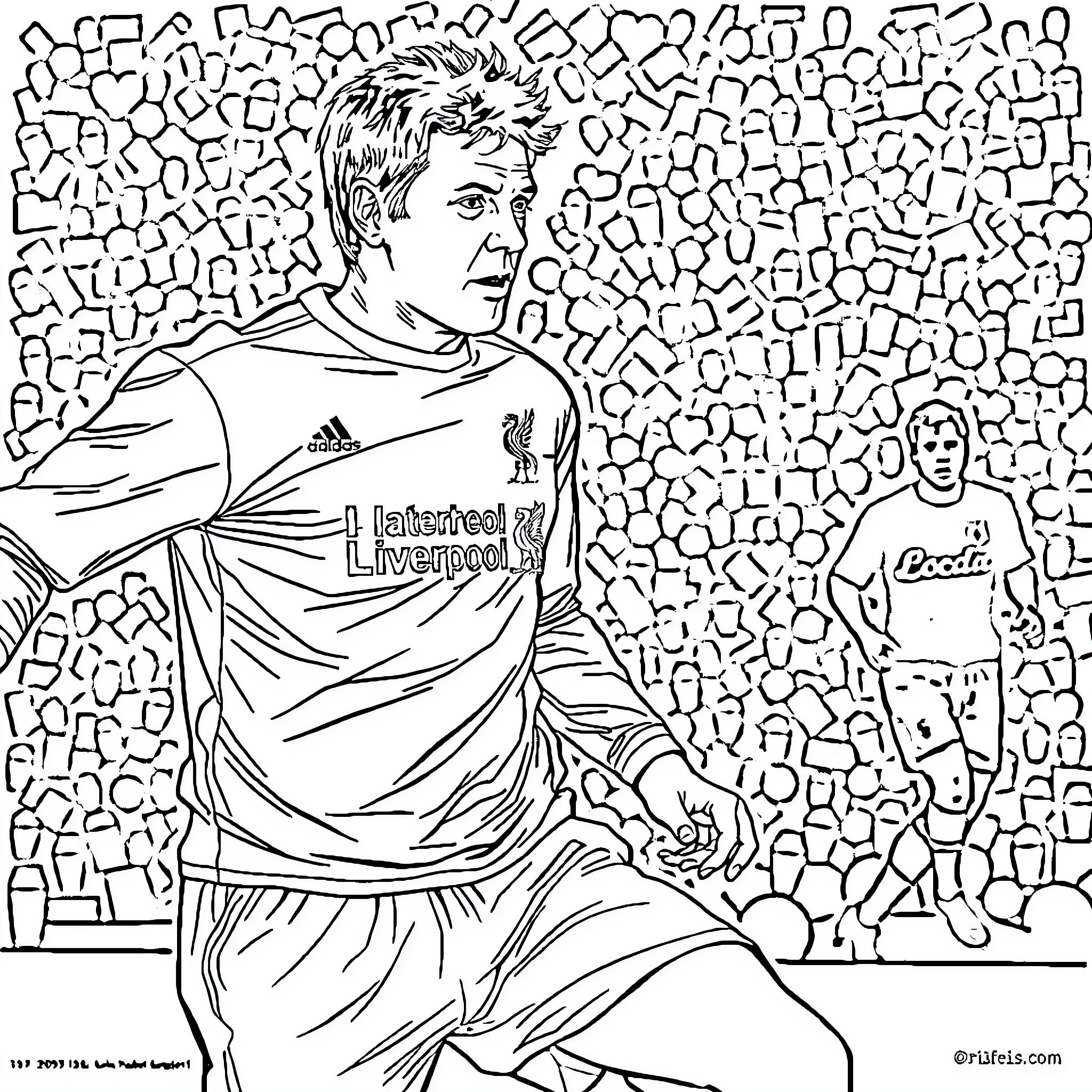 Michael Owen in Liverpool jersey on the field Coloring Page (free black-and-white line drawing printable PDF for all, from beginners to advanced learners, including children, teens, adults, and seniors)