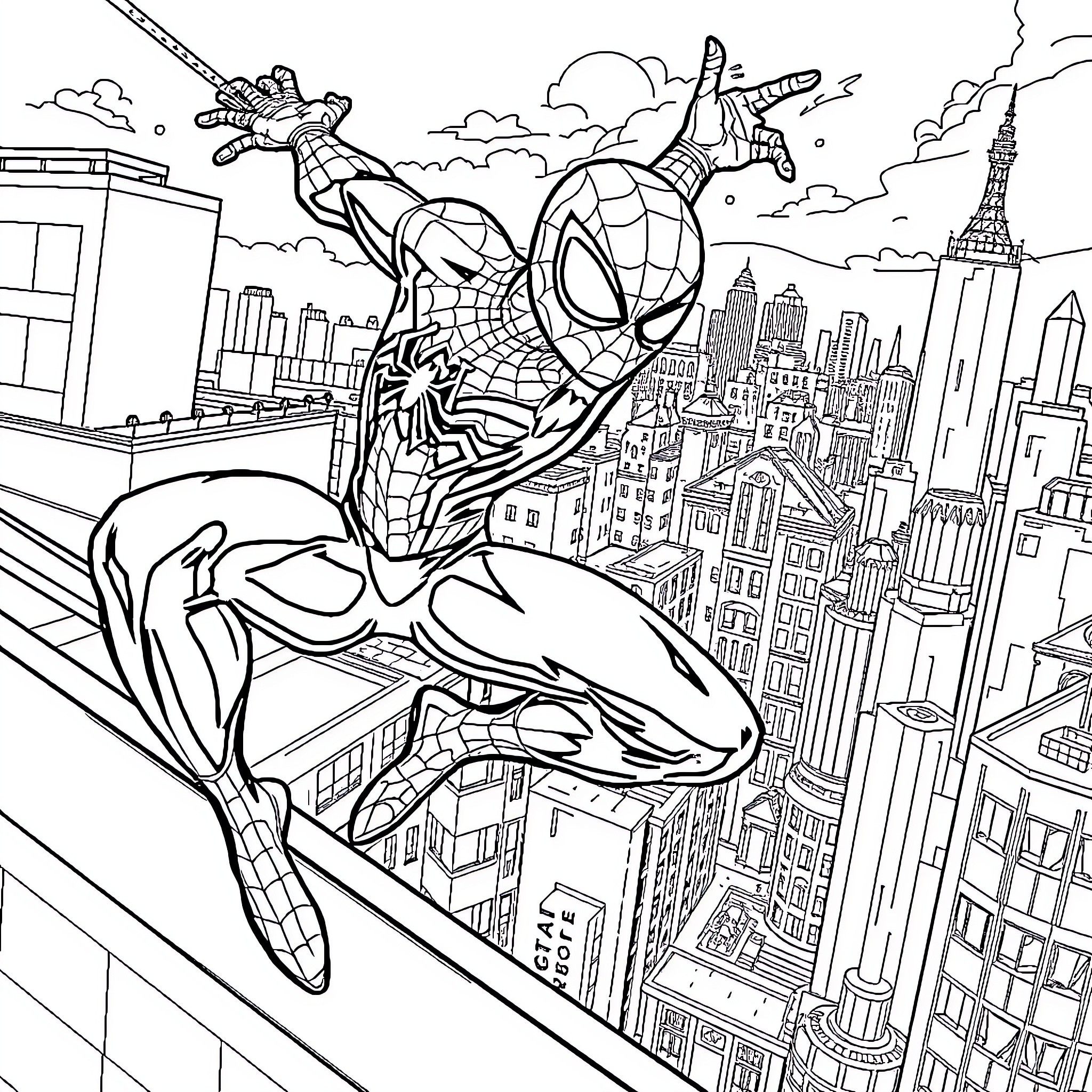 Spider-Man swinging heroically through the city skyline Coloring Page (free black-and-white line drawing printable PDF for all, from beginners to advanced learners, including children, teens, adults, and seniors)
