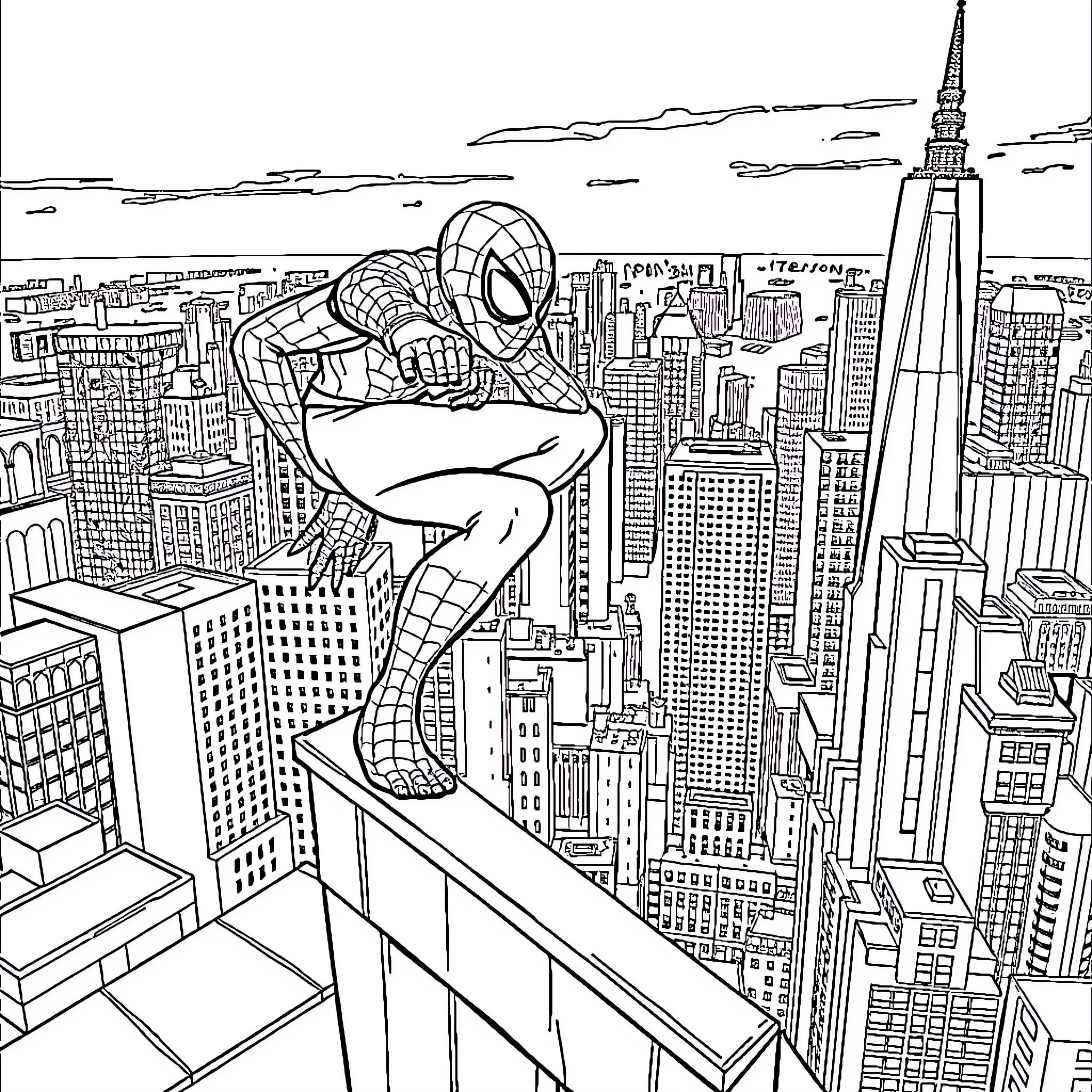 Spider-Man swinging across the New York City skyline Coloring Page (free black-and-white line drawing printable PDF for all, from beginners to advanced learners, including children, teens, adults, and seniors)