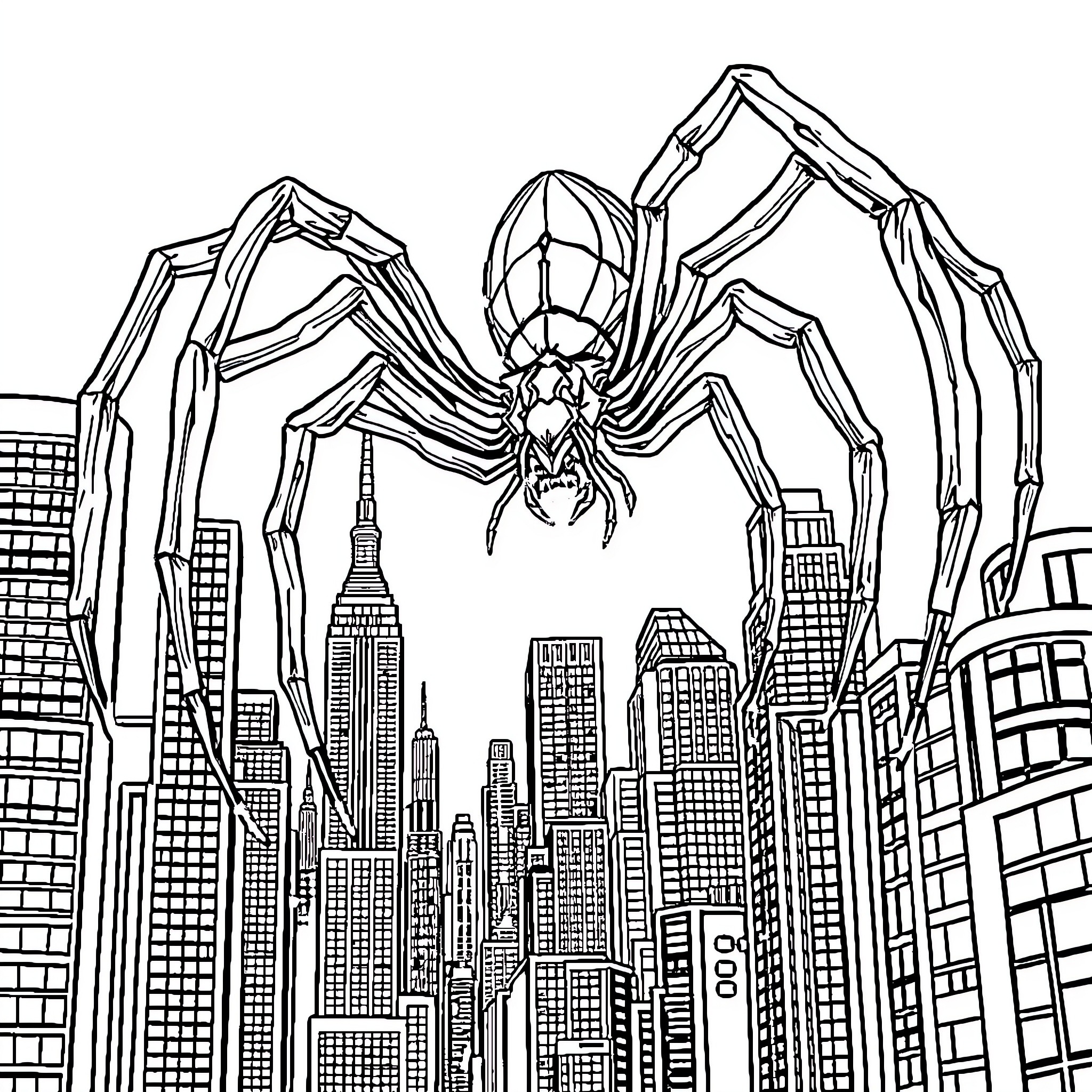 Spider-like creature looming over city skyline Coloring Page (free black-and-white line drawing printable PDF for all, from beginners to advanced learners, including children, teens, adults, and seniors)