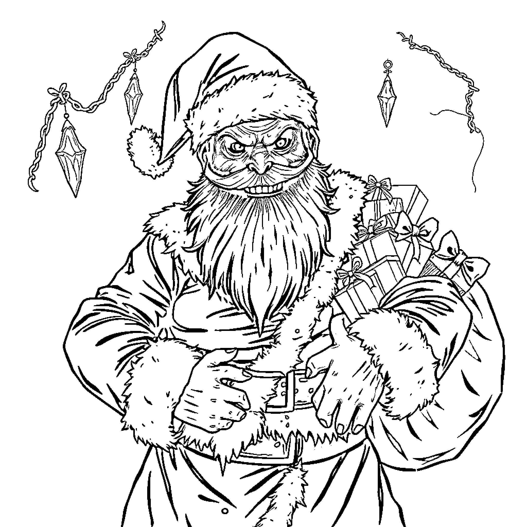 Santa Claus carrying a sack of presents Coloring Page (free black-and-white line drawing printable PDF for all, from beginners to advanced learners, including children, teens, adults, and seniors)