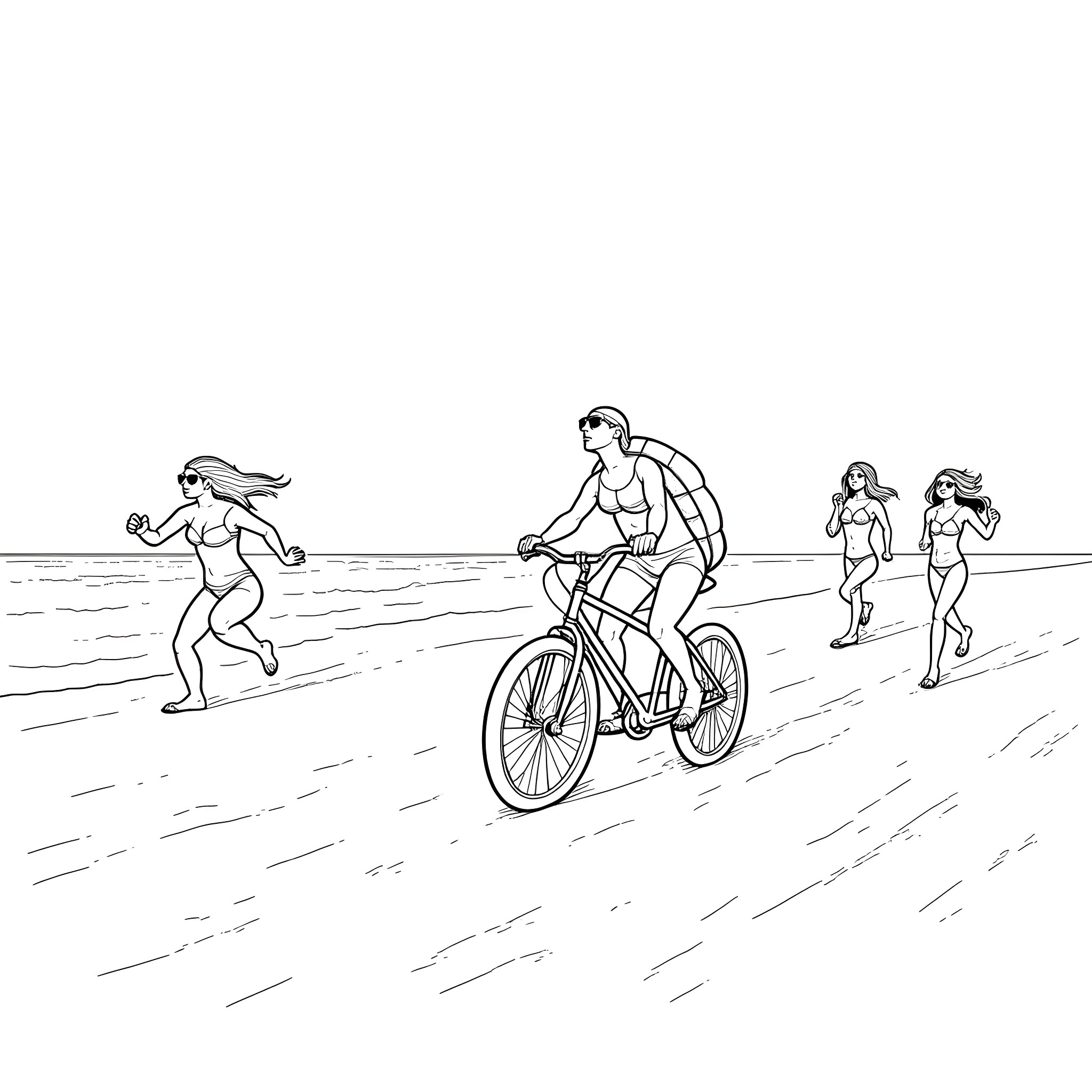 Turtle biking on the beach with running companions Coloring Page (free black-and-white line drawing printable PDF for all, from beginners to advanced learners, including children, teens, adults, and seniors)