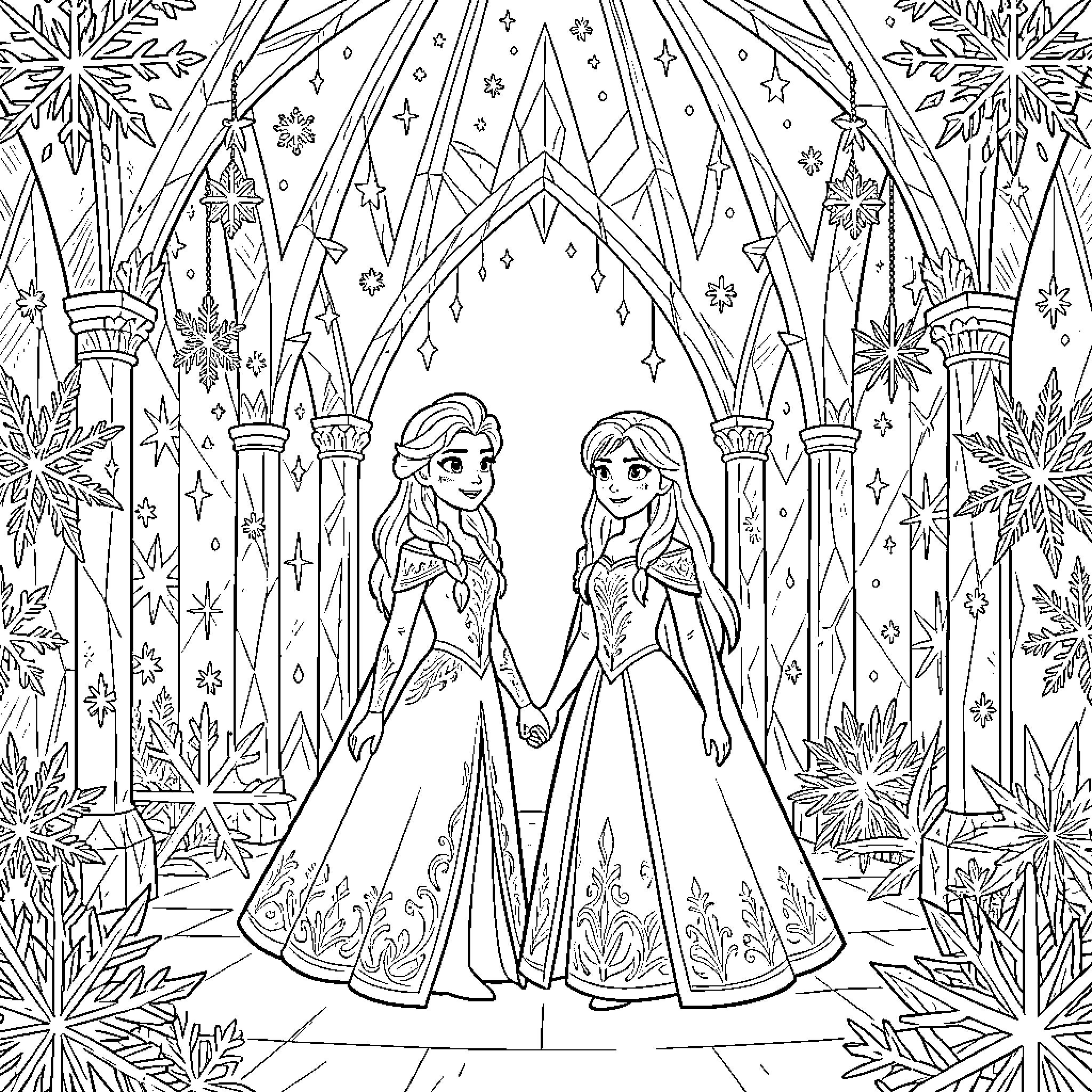 Elsa and Anna in a Magical Snowy Scene Coloring Page (free black-and-white line drawing printable PDF for all, from beginners to advanced learners, including children, teens, adults, and seniors)
