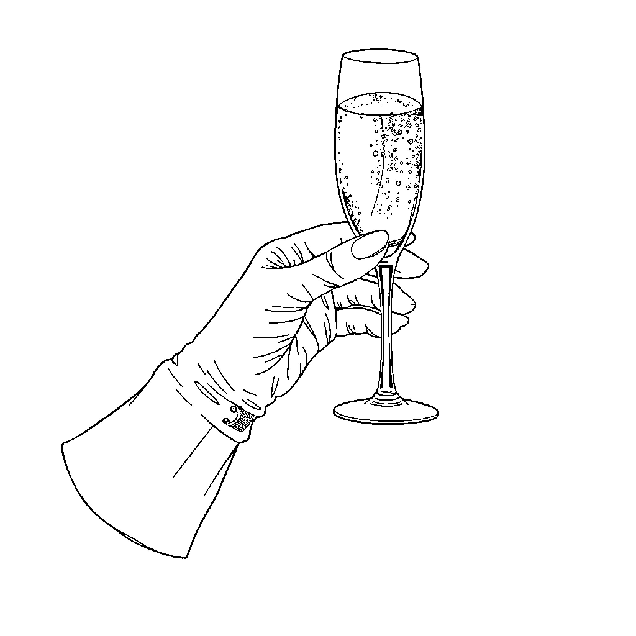 Hand holding sparkling champagne glass Coloring Page (free black-and-white line drawing printable PDF for all, from beginners to advanced learners, including children, teens, adults, and seniors)