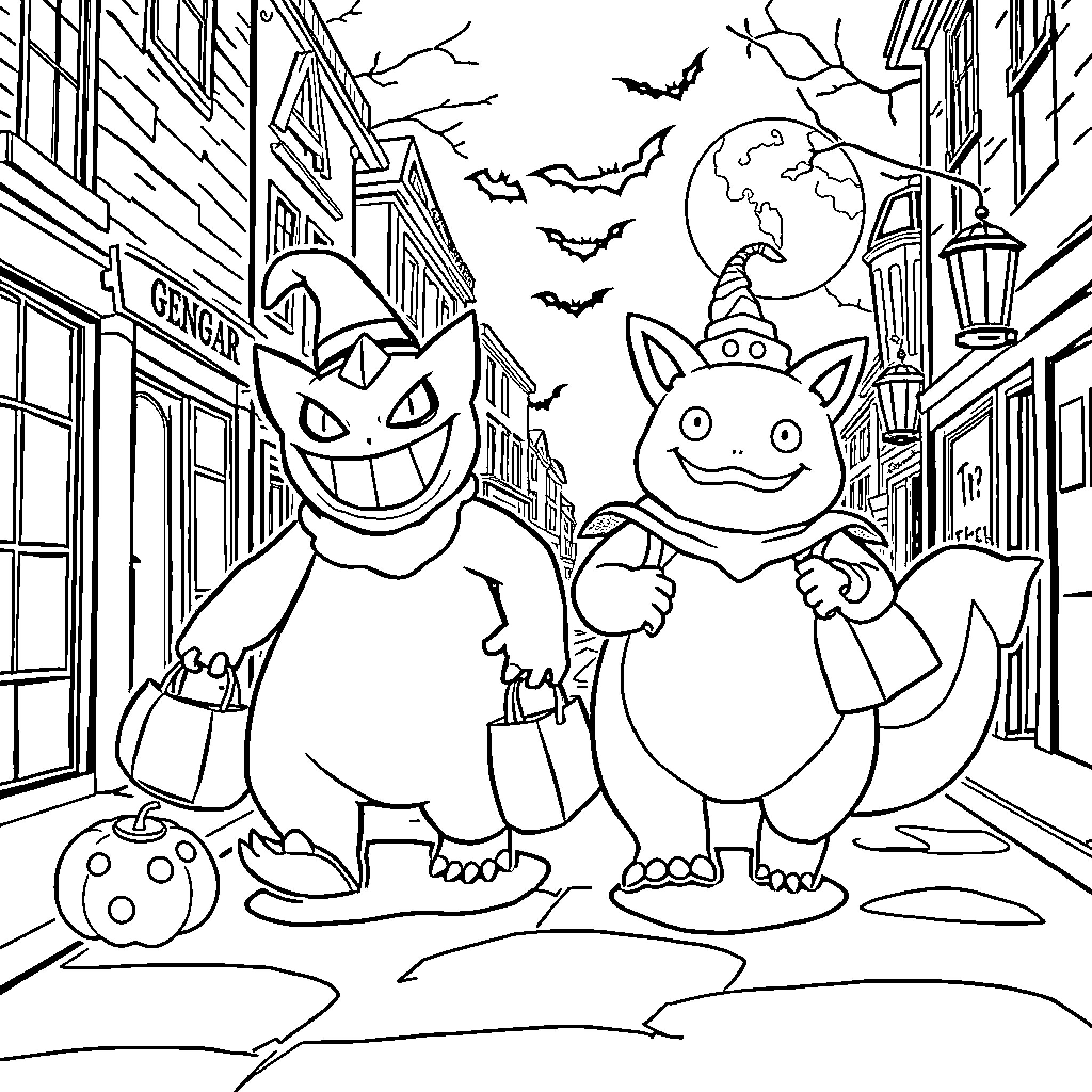 Gengar and Pokémon friends explore spooky town Coloring Page (free black-and-white line drawing printable PDF for all, from beginners to advanced learners, including children, teens, adults, and seniors)