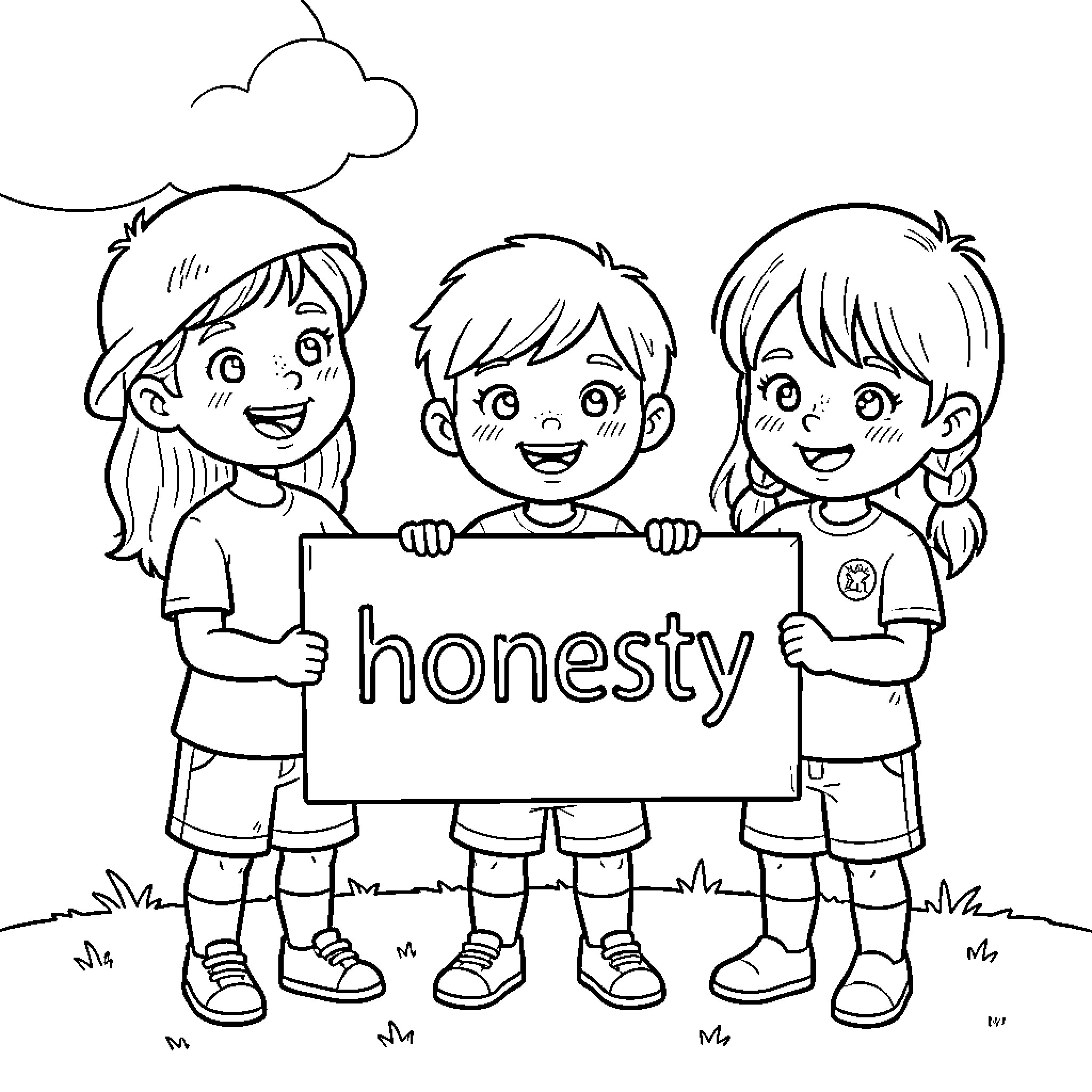 Kids Holding Up Honesty Sign with Positive Expressions Coloring Page (free black-and-white line drawing printable PDF for all, from beginners to advanced learners, including children, teens, adults, and seniors)