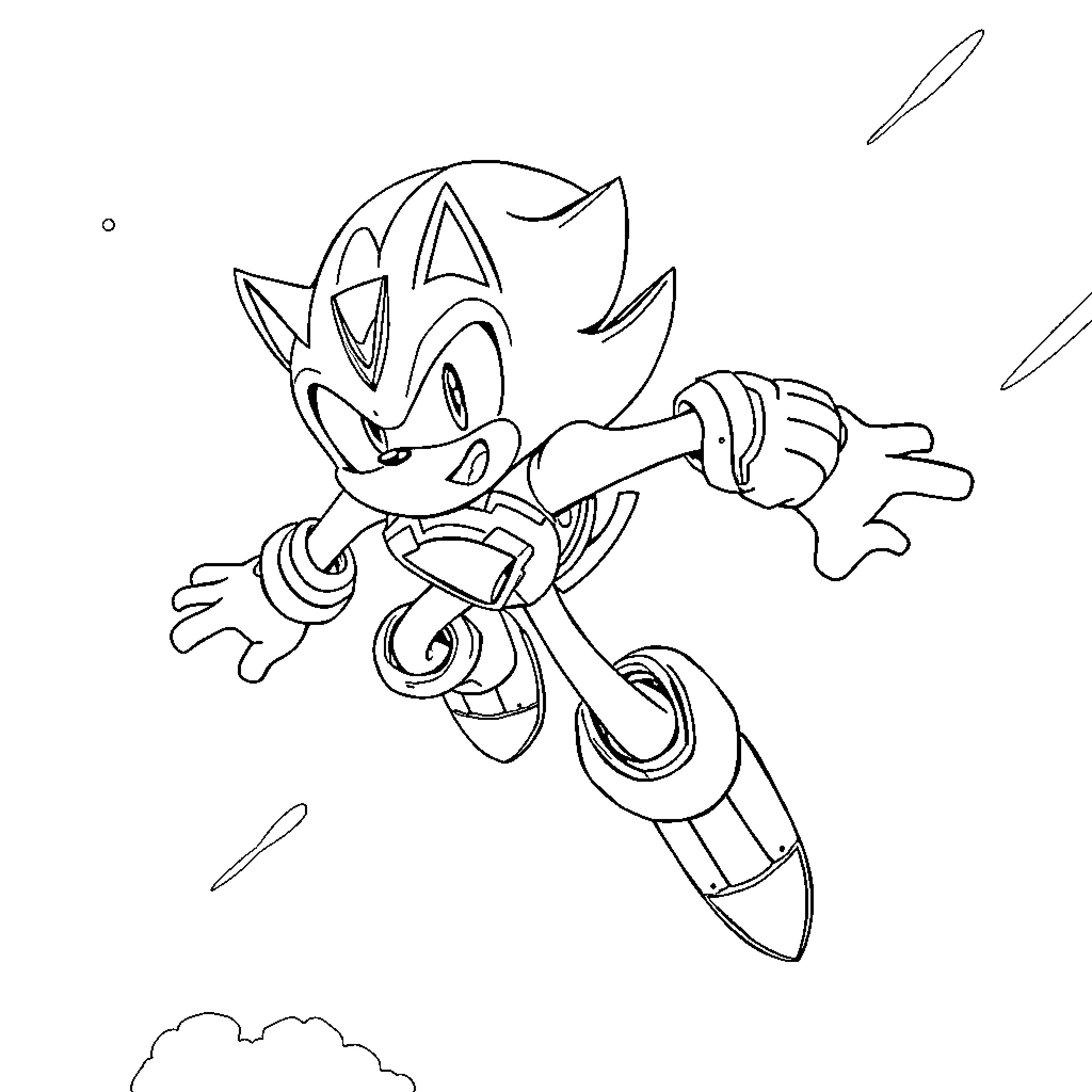 Sonic charging into action with determination Coloring Page (free black-and-white line drawing printable PDF for all, from beginners to advanced learners, including children, teens, adults, and seniors)