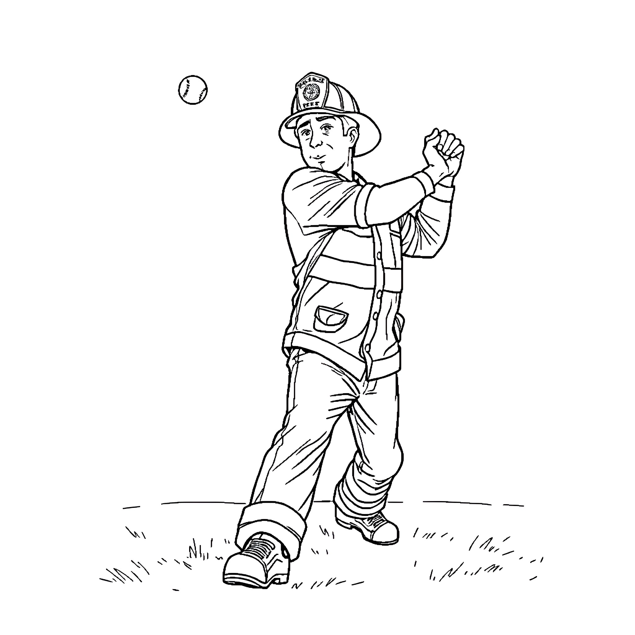 Fireman extinguishing fire with hose Coloring Page (free black-and-white line drawing printable PDF for all, from beginners to advanced learners, including children, teens, adults, and seniors)