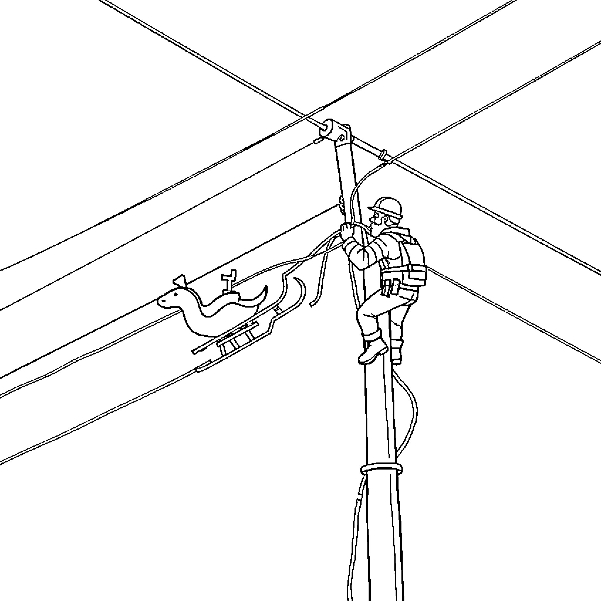 Santa Claus zip-lining on power lines Coloring Page (free black-and-white line drawing printable PDF for all, from beginners to advanced learners, including children, teens, adults, and seniors)