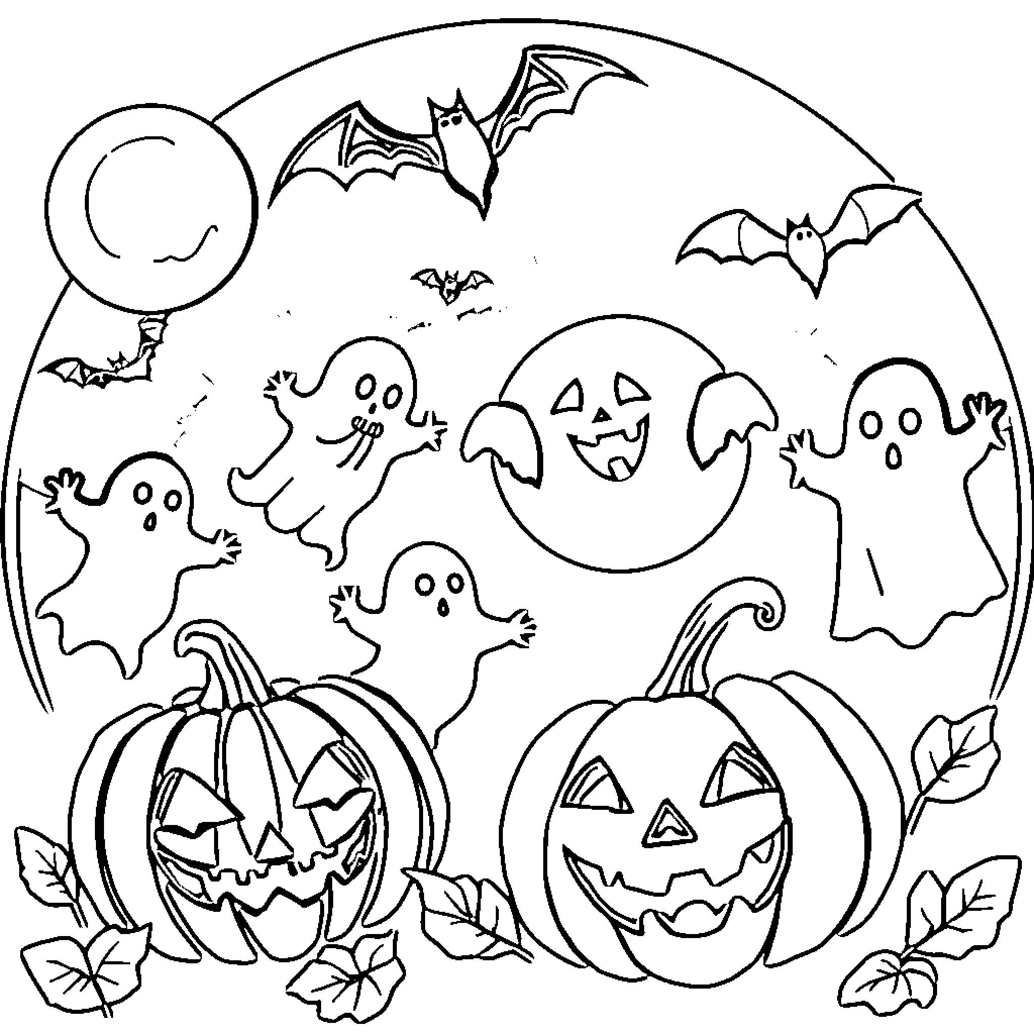 Halloween Spooky Scenes with Pumpkins and Ghosts Coloring Page (free black-and-white line drawing printable PDF for all, from beginners to advanced learners, including children, teens, adults, and seniors)