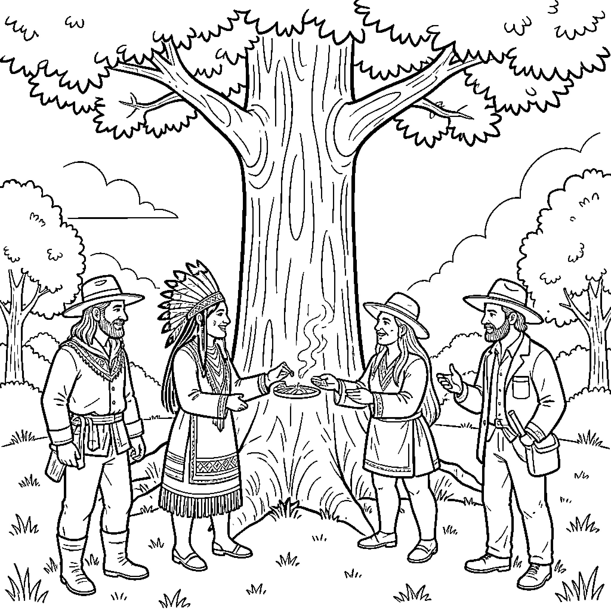 Native American Culture and Tradition Gathering Coloring Page (free black-and-white line drawing printable PDF for all, from beginners to advanced learners, including children, teens, adults, and seniors)