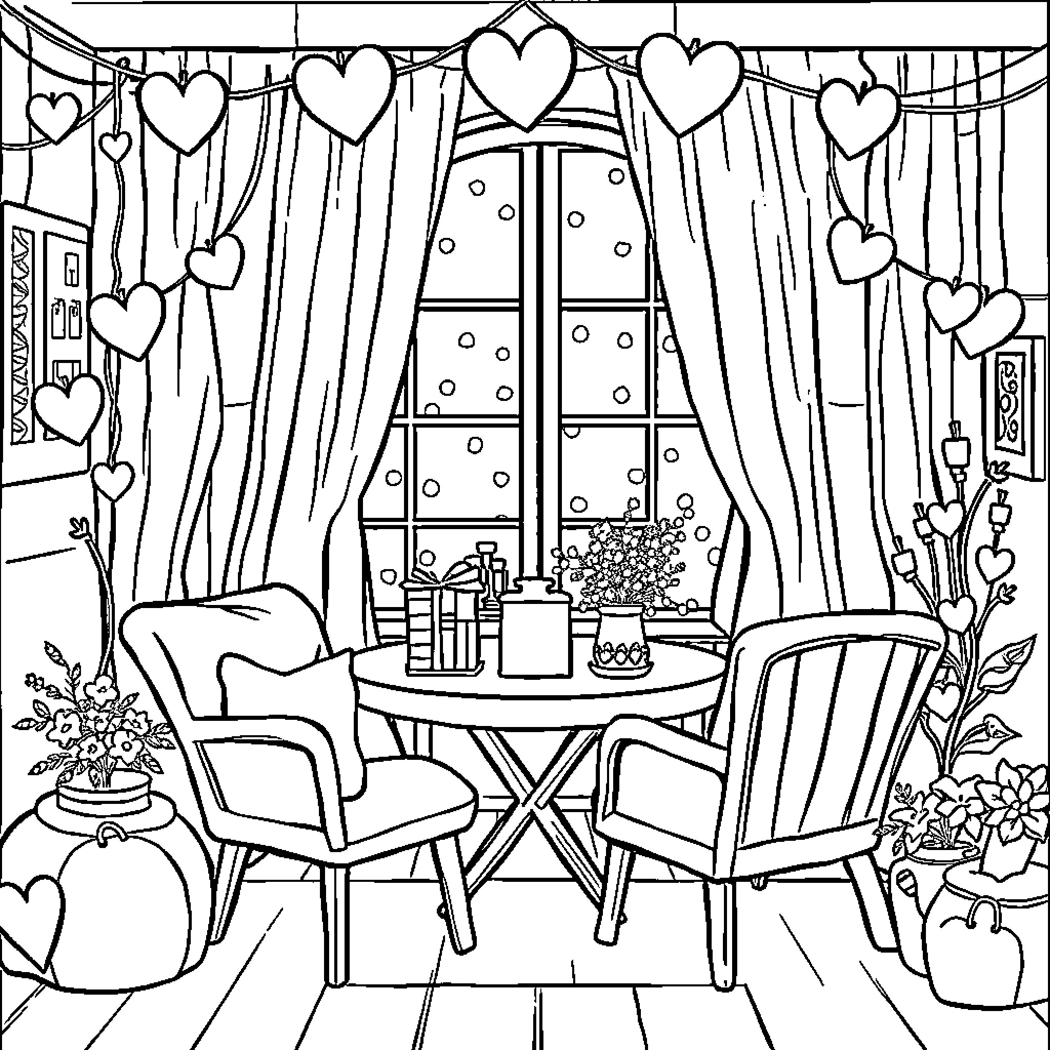 Valentine's Day Romantic Room Decor Coloring Page (free black-and-white line drawing printable PDF for all, from beginners to advanced learners, including children, teens, adults, and seniors)