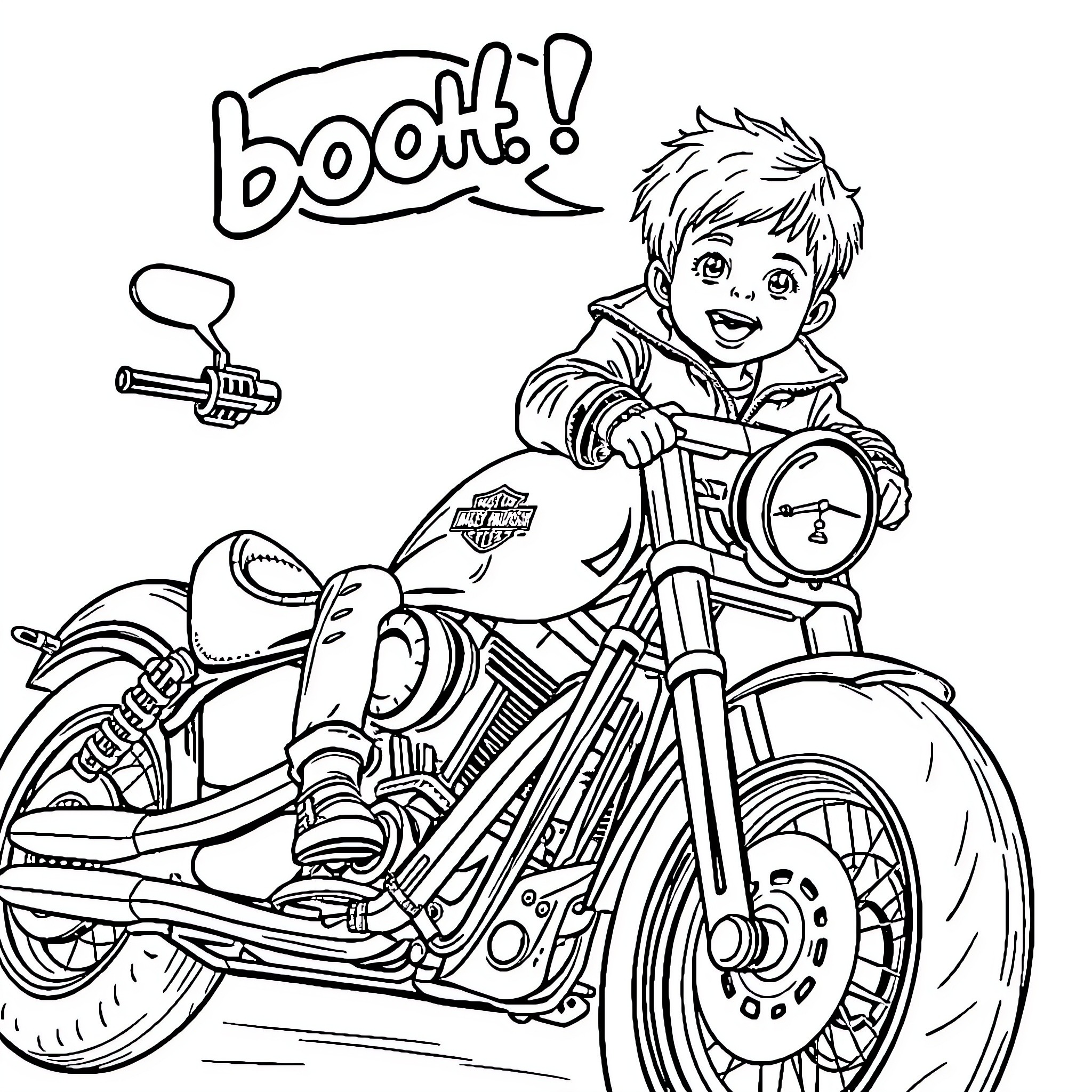 Motorbike rider excited to go on a journey Coloring Page (free black-and-white line drawing printable PDF for all, from beginners to advanced learners, including children, teens, adults, and seniors)